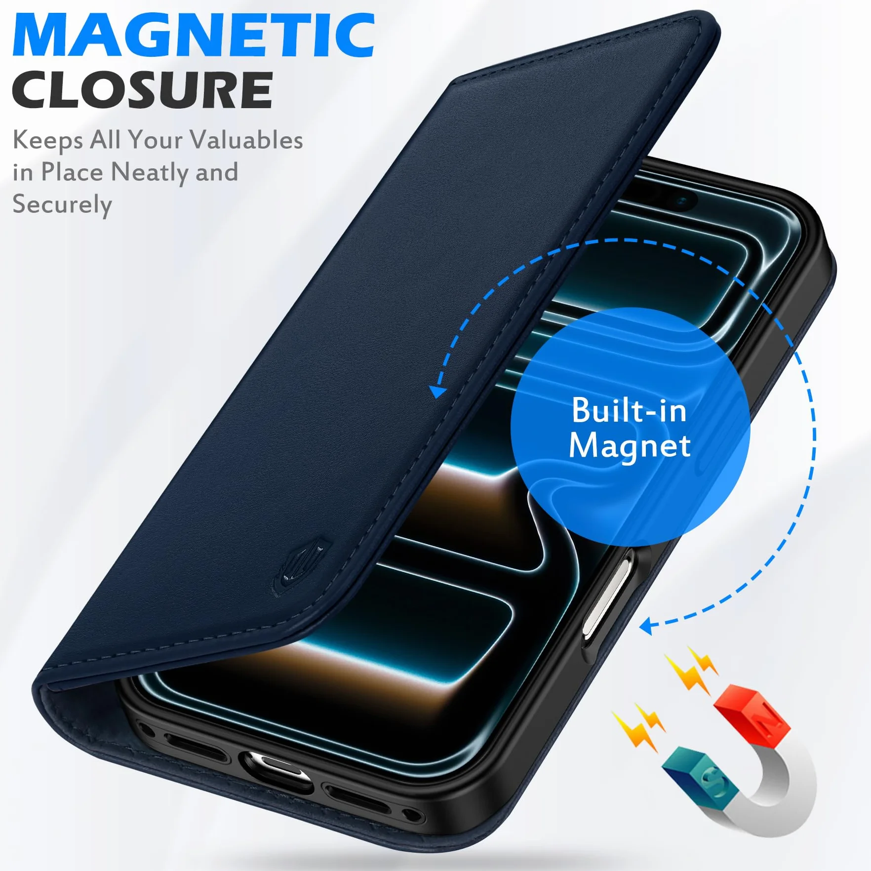 SHIELDON Etui do iPhone 17 Pro 6,3" 5G 2025 Skórzany Portfel RFID Magnetyczne Folio Granatowy