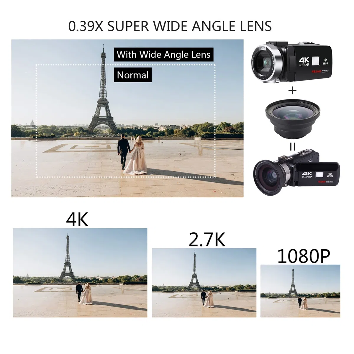Kamera Wideo, Kamera kamery wideo 4K WiFi 4 8mp. Rejestrator do przesyłania strumieniowego Vlogging Night Vision szerokokątny Cyfrowa kamera z mikrofonem(Standard)