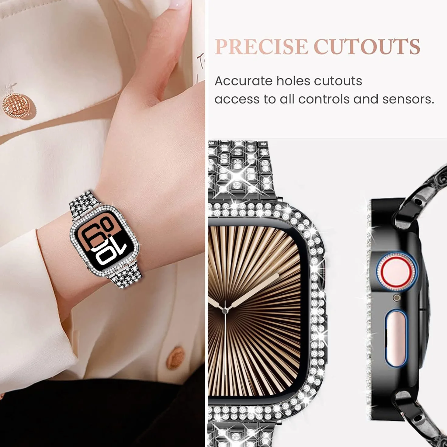 DEALELE Paski i etui kompatybilne z Apple Watch 49 mm, 46 mm, 42 mm, 45 mm, 41 mm, 44 mm, 40 mm, 38 mm, błyszczący diamentowy metalowy pasek z etui ochronnym do iWatch serii 10, 9, 8, 7, 6, 5, 4, 3