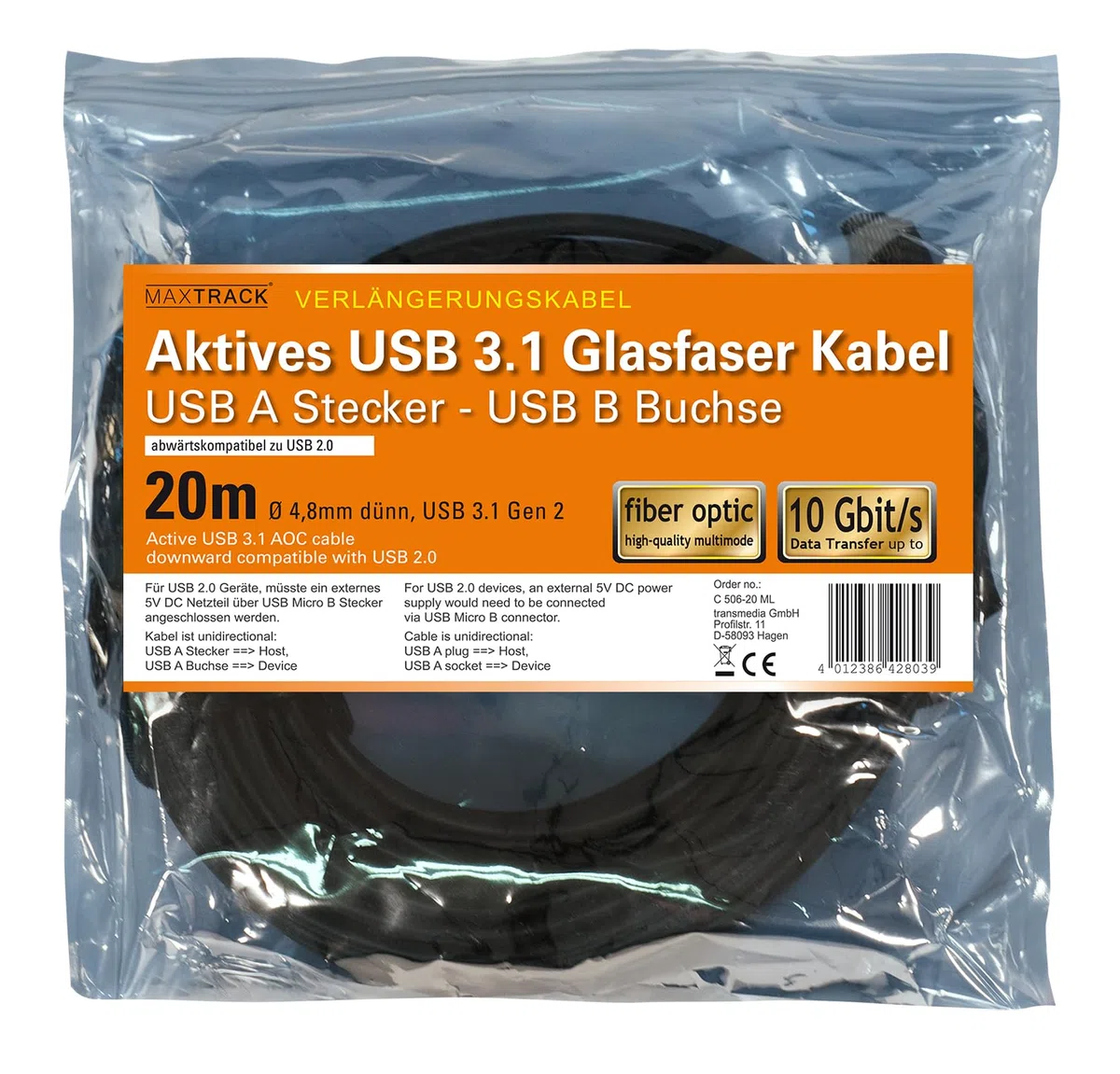 MaxTrack C506 – 20 ml, bardzo szybki aktywny kabel z włókna szklanego USB 3.1 Gen 2, transmisja danych do 10 Gbit/s, bezstratny transfer danych do 20 m, kompatybilny wstecz z USB 2.0