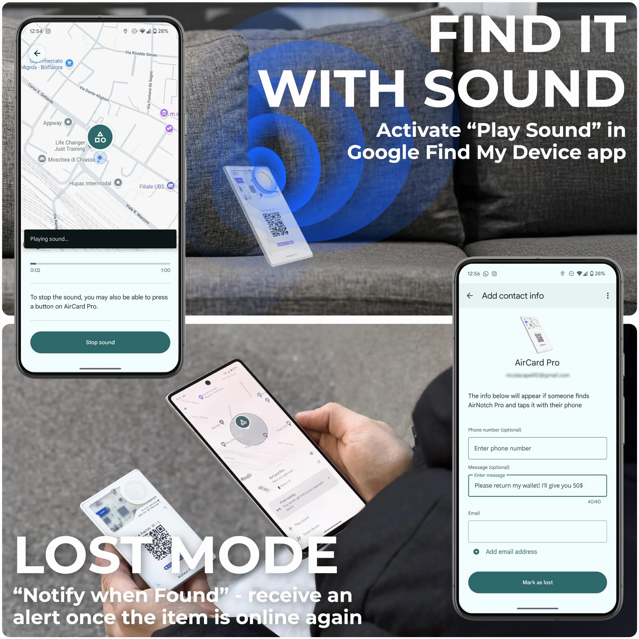 Rolling Square AirCard Pro – smukła karta do śledzenia portfela Bluetooth kompatybilna tylko z systemem Android Google Find Hub, tracker Bluetooth z bezprzewodowym ładowaniem, cyfrowy identyfikator