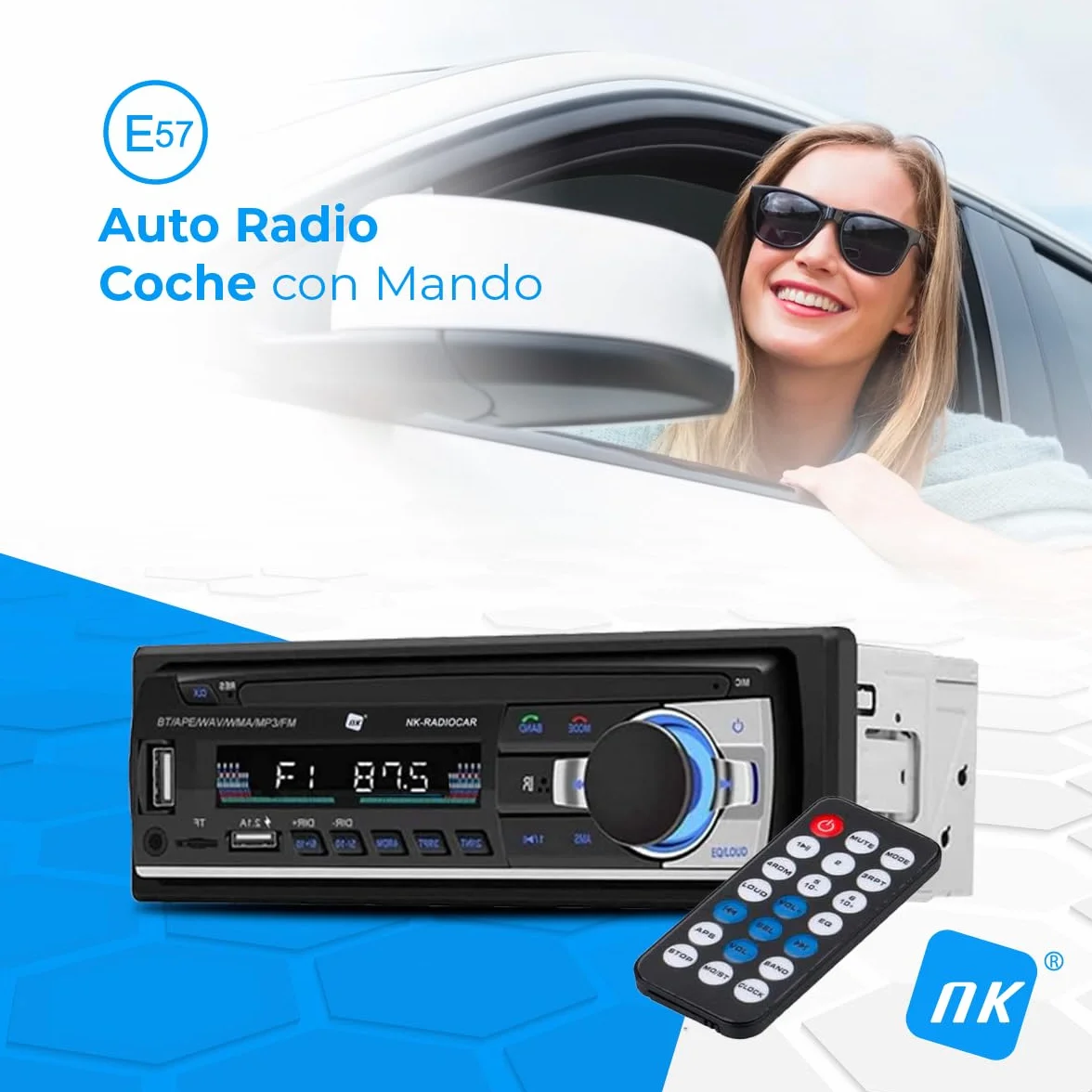 Radio samochodowe NK Auto - 1 DIN - 4x40W - Bluetooth 4.0, AUX, odtwarzacz MP3 i podwójny port USB, dźwięk stereo FM, zestaw głośnomówiący, pilot zdalnego sterowania, wyświetlacz LCD, iOS & Android