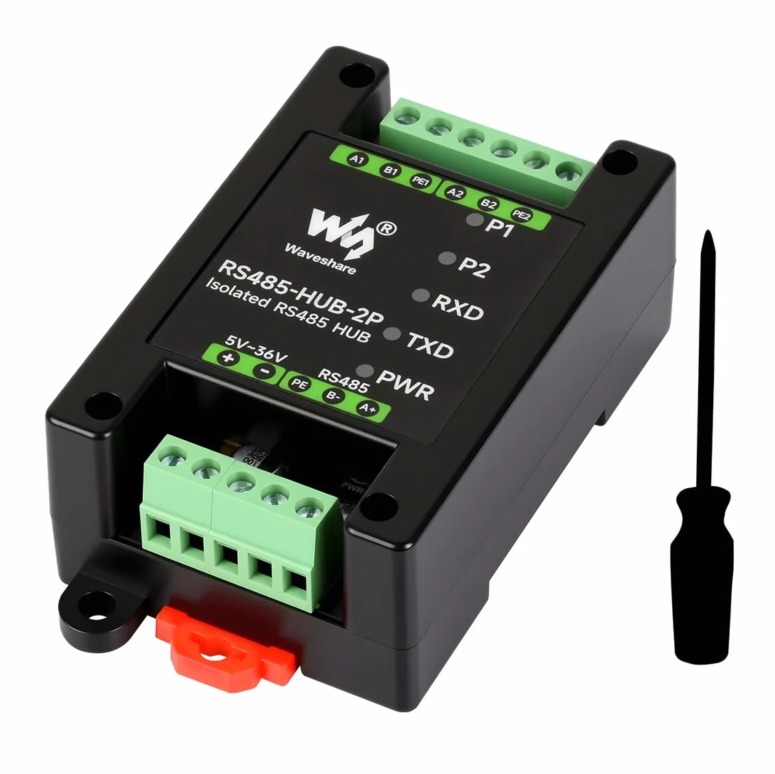 Waveshare Industrial-Grade Isolated 2-Channel RS485 Hub, Rail-Mount Support, Wide Baud Rate Range, Expands 2-ch RS485 Sub Ports Via 1-ch RS485 Master Port, with Isolation and Signal Relay