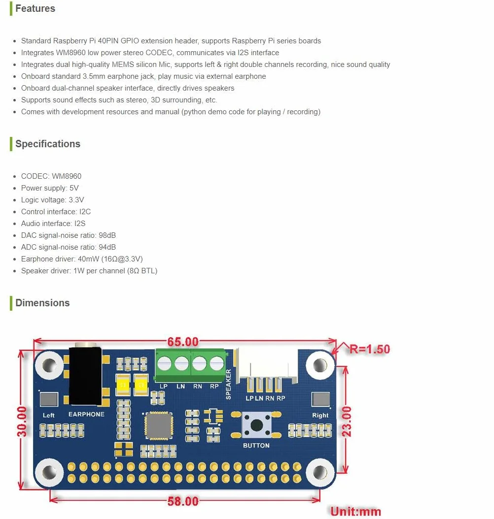 Waveshare WM8960 Audio Hi-Fi Sound Card HAT for Raspberry Pi Stereo CODEC Play Record I2S Interface