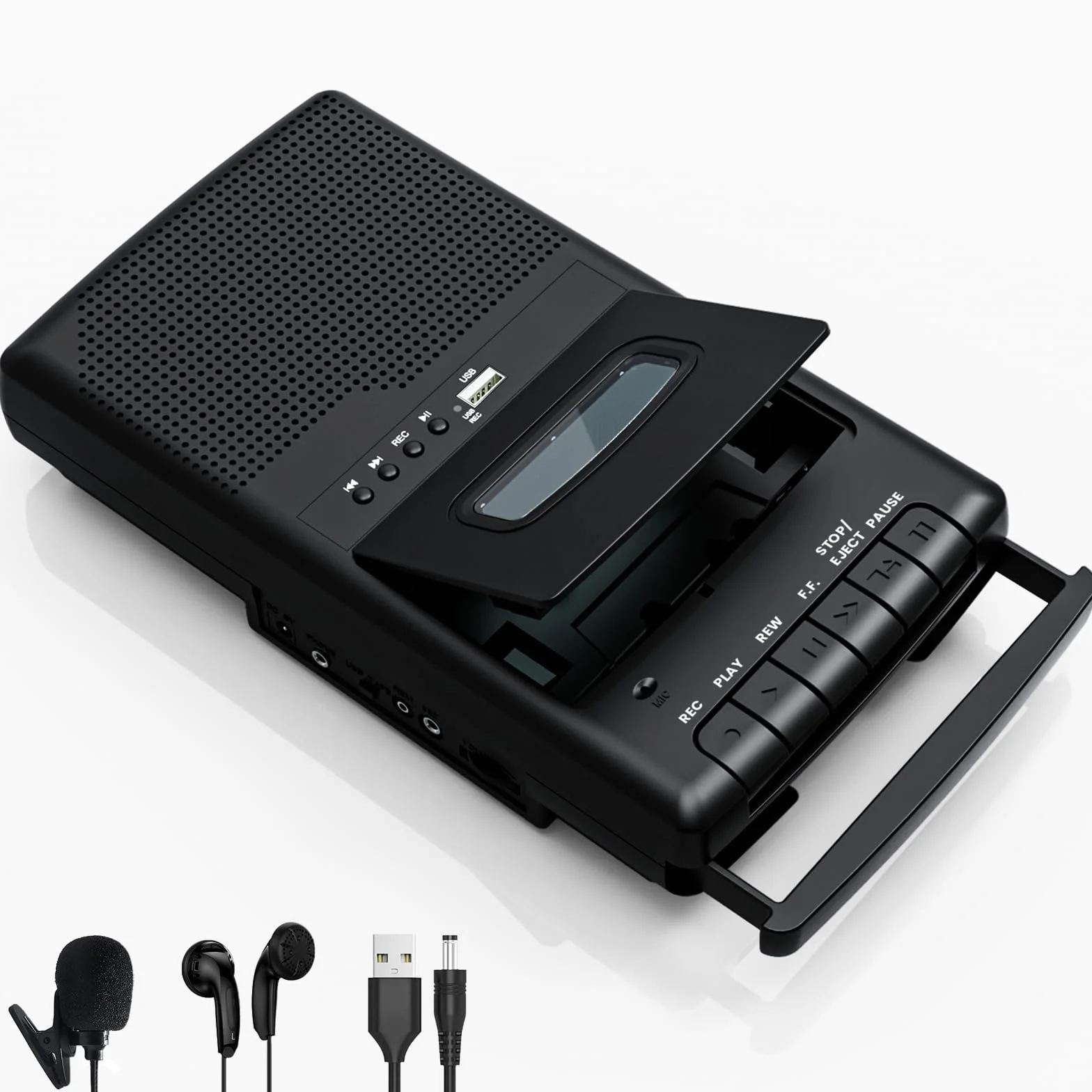 Przenośny magnetofon kasetowy z nagrywaniem One Touch, mobilny odtwarzacz kasetowy i digitizer USB, wbudowany głośnik, wysuwany uchwyt, słuchawki 3,5 mm, czarny