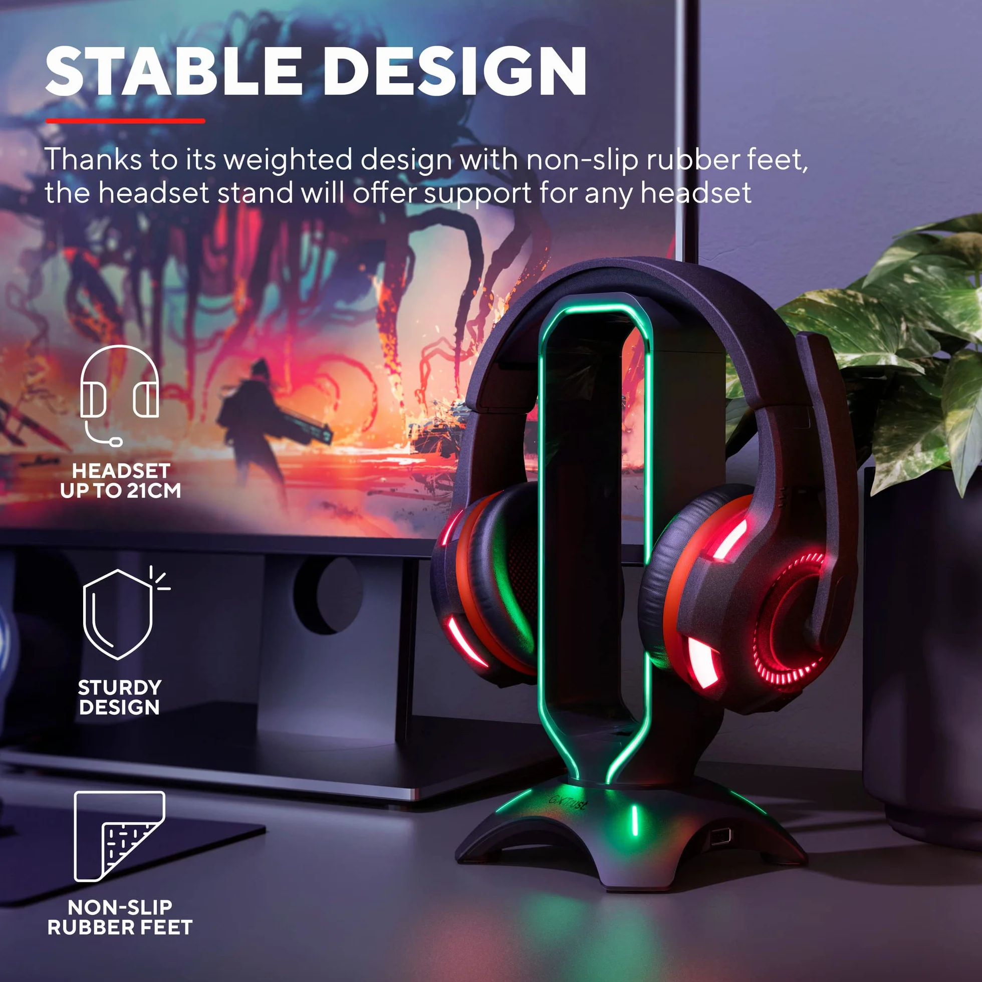 Trust GXT 265 Cintar stojak na słuchawki do gier, podświetlany stojak LED RGB na słuchawki, 2 dodatkowe porty USB-A, uniwersalne dopasowanie, kabel 1,5 m, antypoślizgowa podstawa - czarny