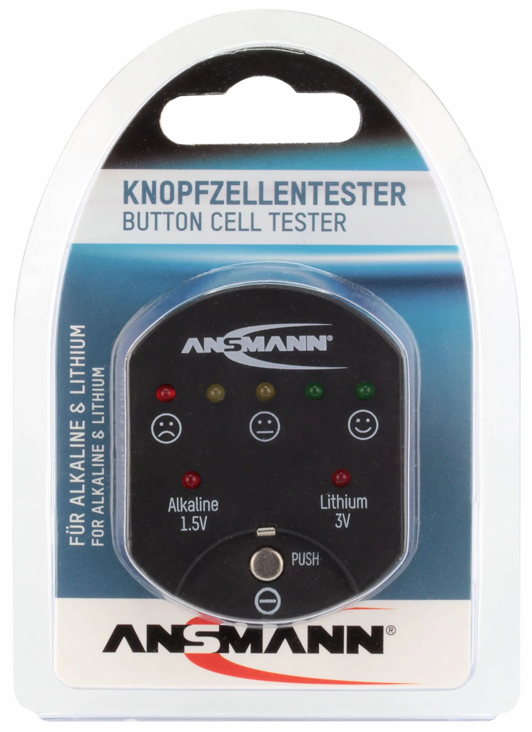Ansmann 1900-0035 przyciskowy tester baterii z wyświetlaczem LED [opakowanie 1 szt.] Kontroler stanu baterii monet, idealny do testowania baterii alkalicznych i litowych