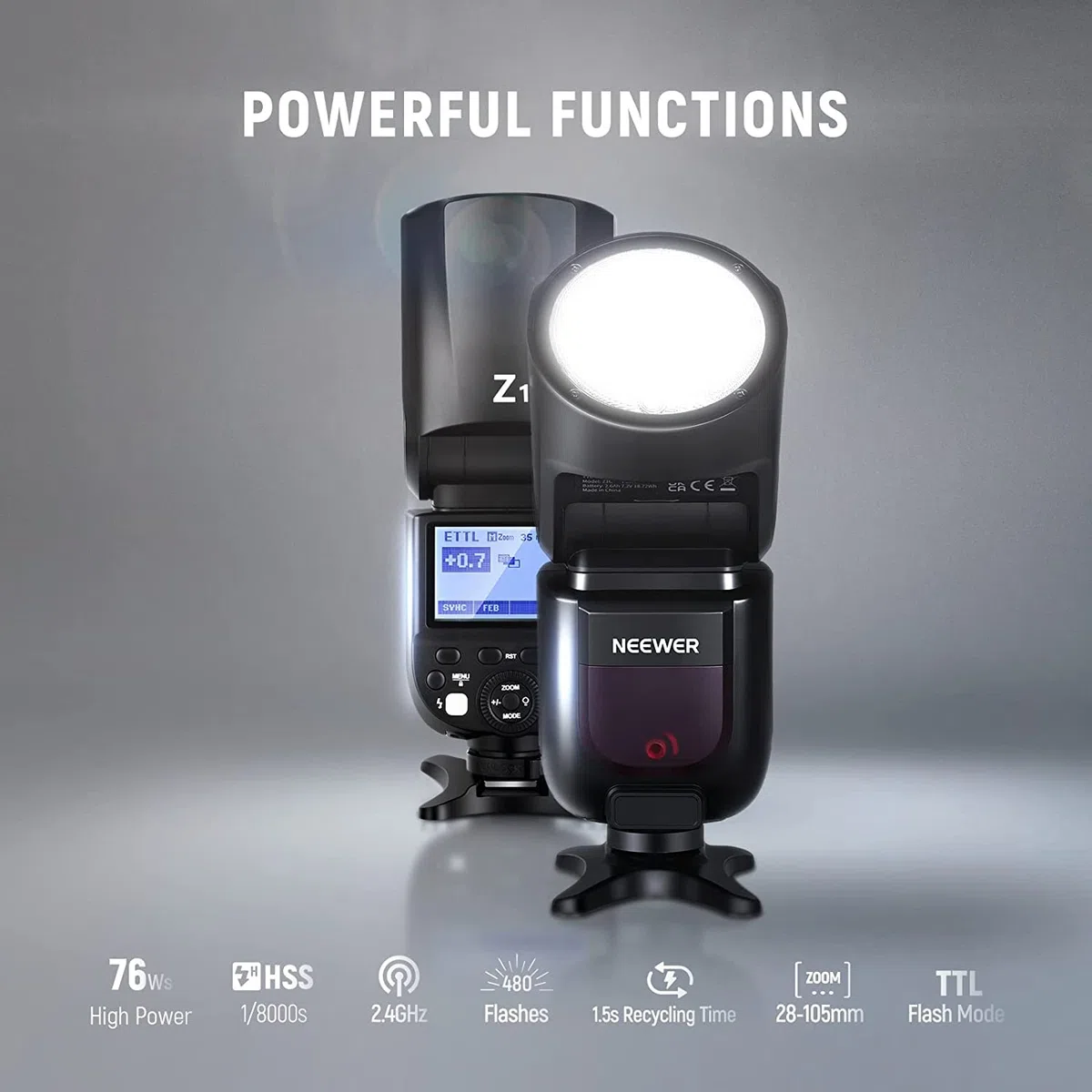 NEEWER Z1-C TTL lampa błyskowa Speedlite okrągła lampa błyskowa do aparatów Canon DSLR, 76 W 2,4 G 1/8000s HSS, 10 stopni LED lampa regulacyjna, Speedlight z akumulatorem litowym 2600 mAh, recykling w