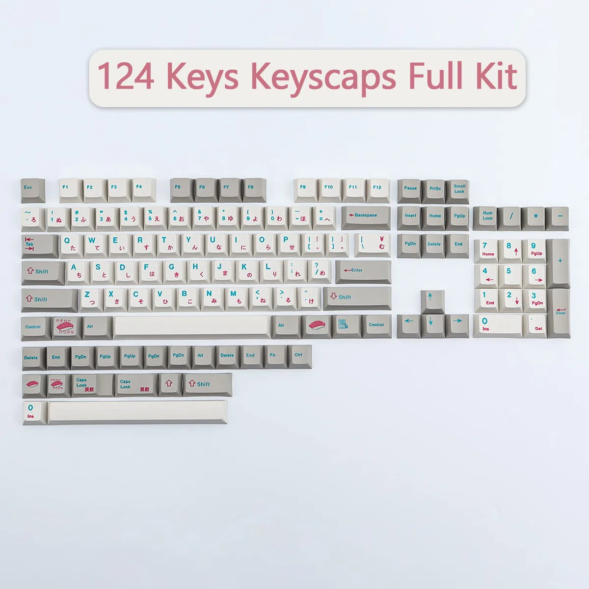 Nasadki klawiszy PBT, 124 klawisze, japońskie klawisze, niestandardowy zestaw do sushi z profilem Spacebar 7U, do układu ANSI (US), przełączniki Cherry MX, klawisze mechaniczne