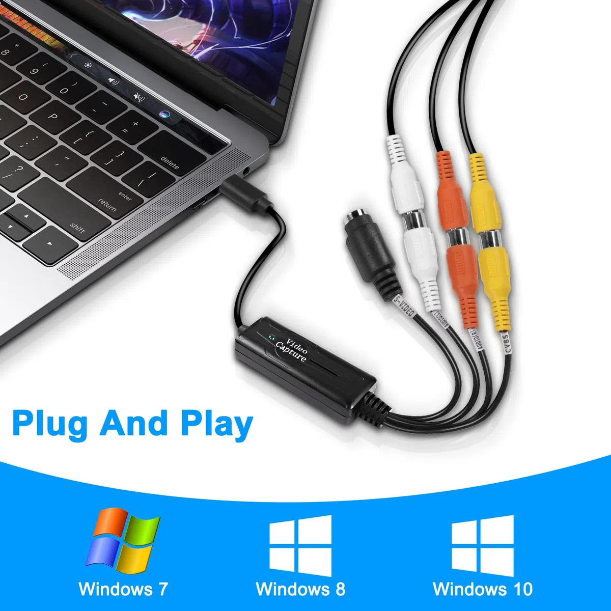 XMSJSIY Konwerter RCA AV na USB C Karta przechwytywania wideo Adapter 1-kanałowy AV NTSC PAL Video S Video/Composite na USB Konwerter Video Audio RCA dla telefonu komórkowego/PC