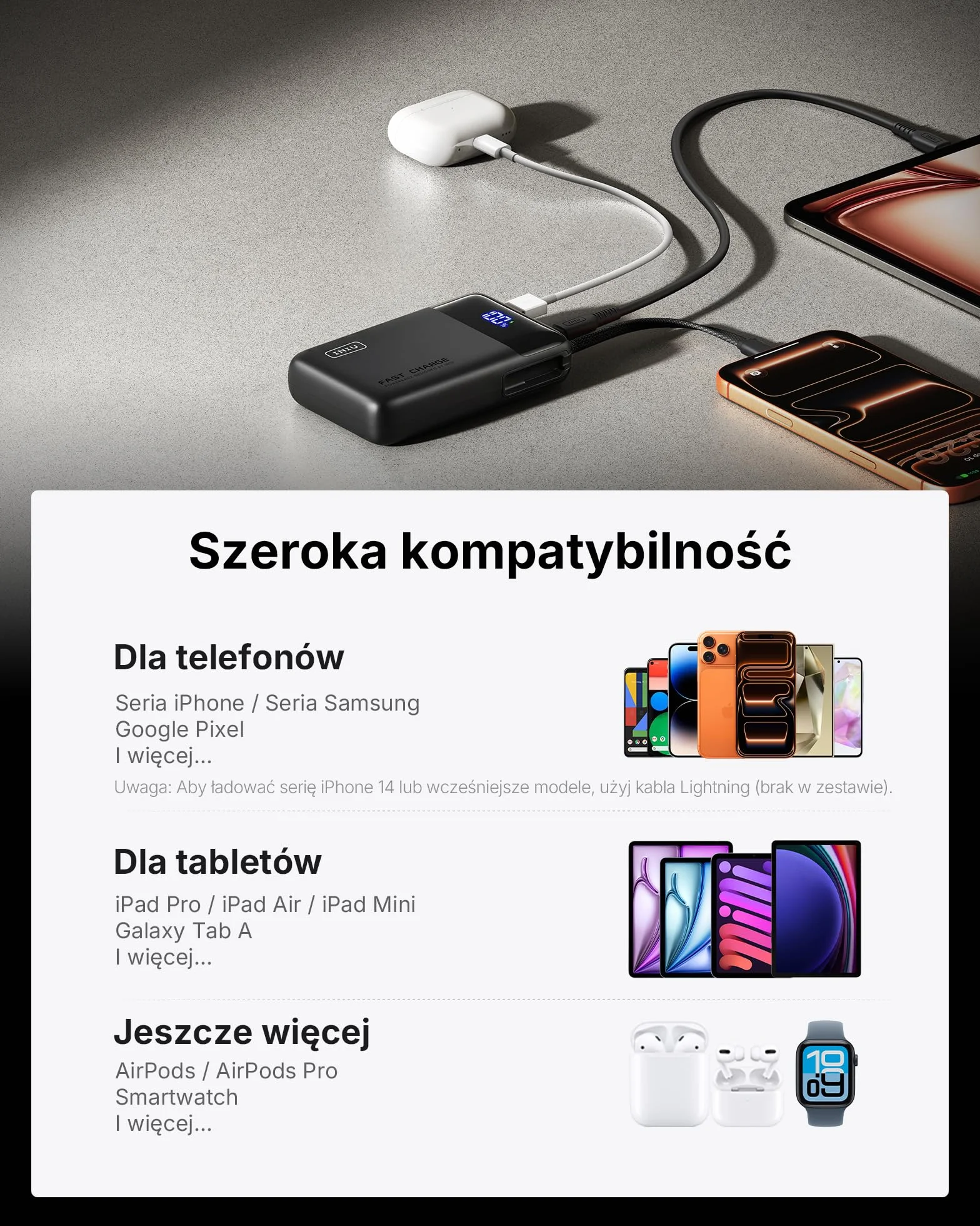 INIU Power Bank 20000mAh, Mały 45W PD Szybkim Ładowaniem Powerbank wbudowany Kabel USB-C, Bezpieczny w Locie Zestaw akumulatorów do iPhone 17 16 15 14 13 12 Pro Max Samsung S26 S25 Xiaomi iPad itp.