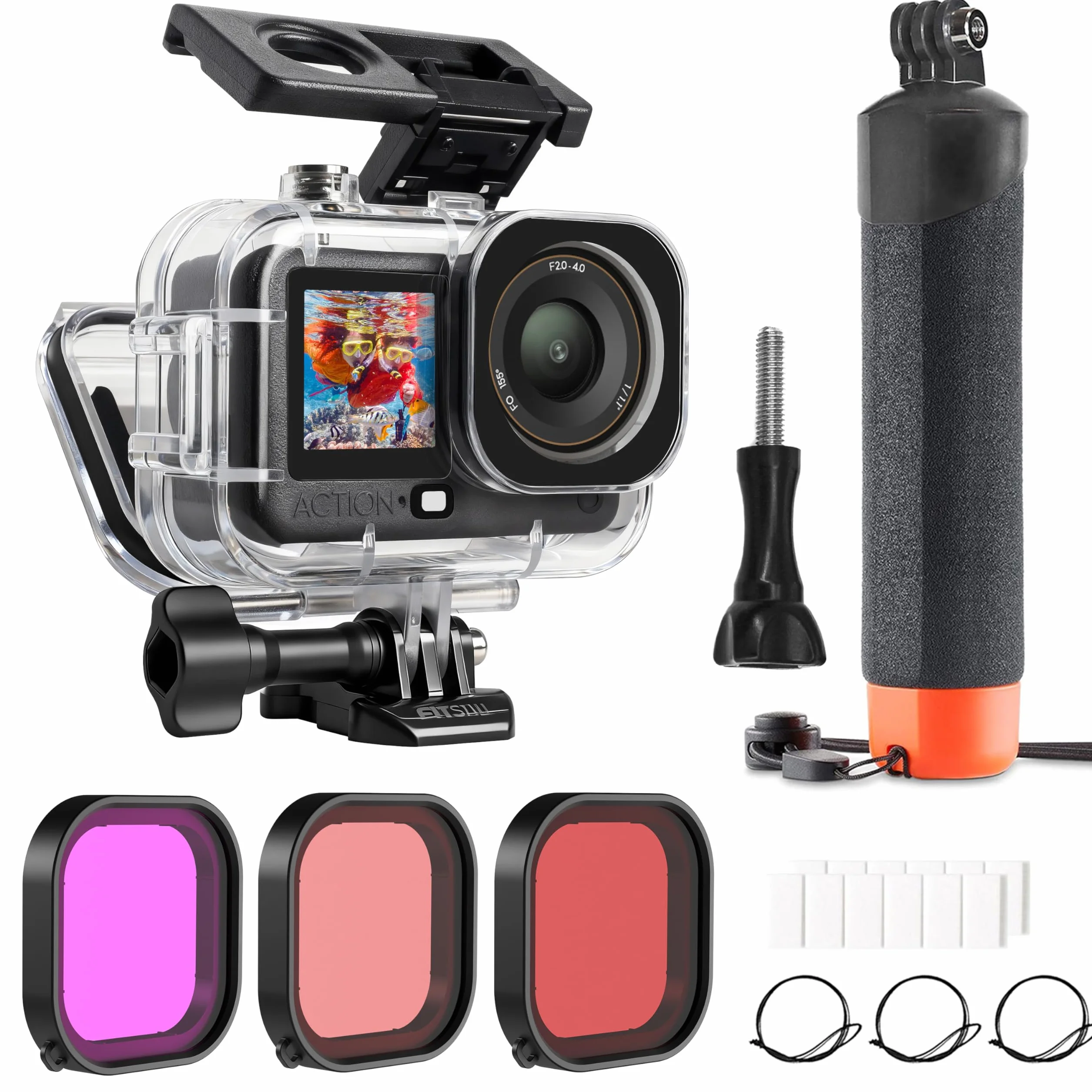 FitStill Uniwersalny zestaw do nurkowania do DJI OSMO ACTION 6, wodoodporna obudowa 196FT/60M i 3 filtry i uchwyt pływający zestaw do nurkowania, surfingu, nurkowania, etui ochronne, akcesoria
