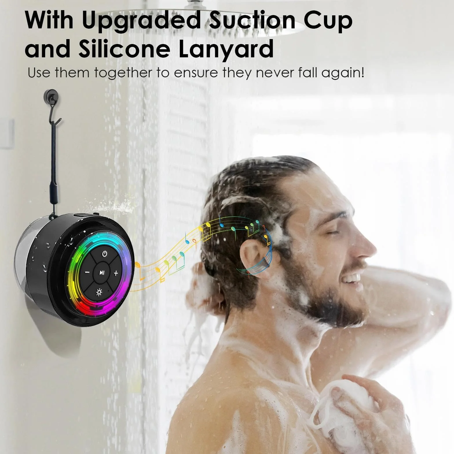 XLEADER, SoundAngel Mate Pro głośnik prysznicowy (ulepszony) certyfikowany wodoodporny głośnik Bluetooth IPX7, Big Pro Sound i głęboki bas, ze światłami RGB, przyssawką, silikonową smyczą, czas