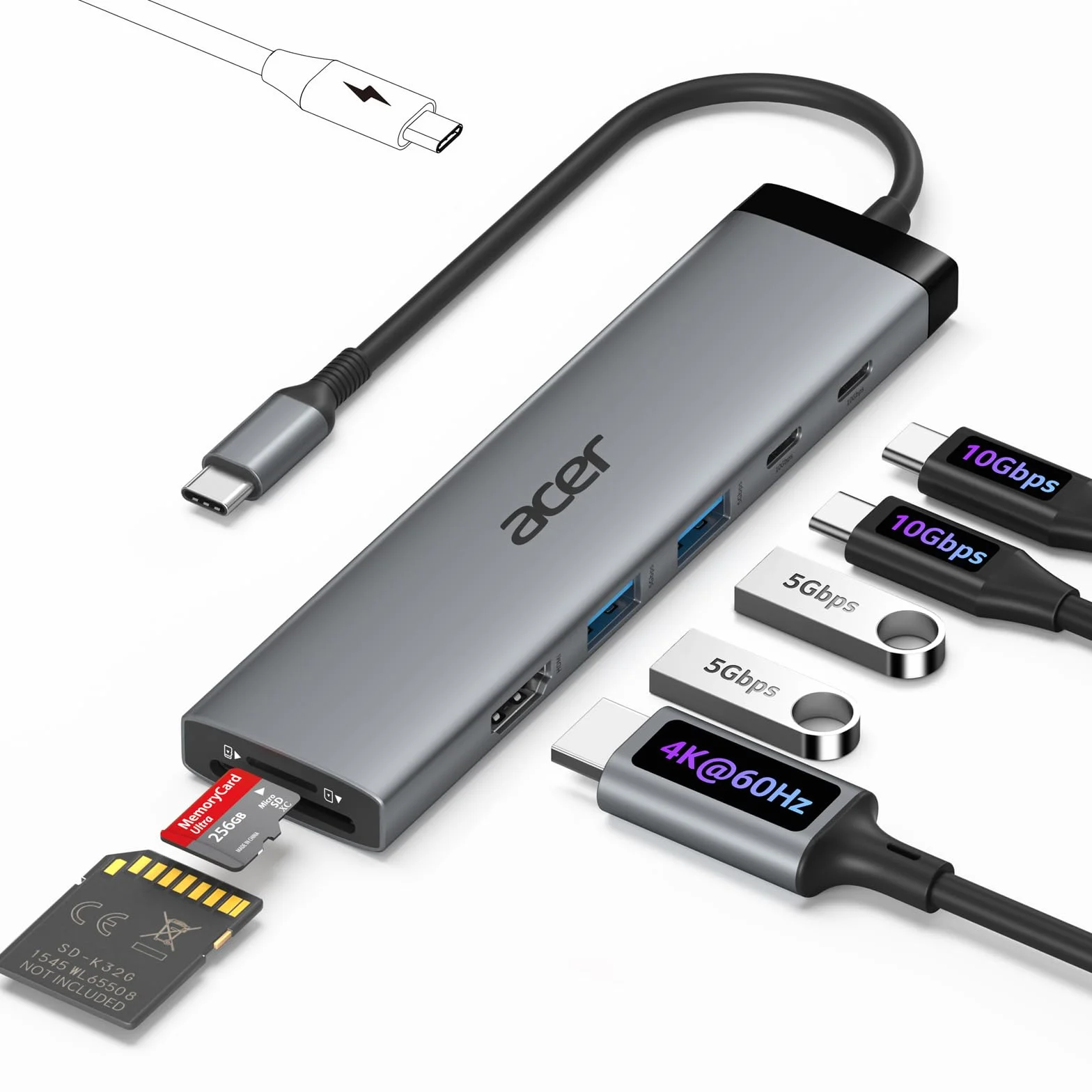 Acer 8 w 1 Hub USB-C 10Gbps Adapter USB-C do HDMI 4K@60Hz 2×USB-C 3.2 2×USB A 3.0 Port PD 100W Rozdzielacz wieloportowy typu C z czytnikiem kart SD/TF
