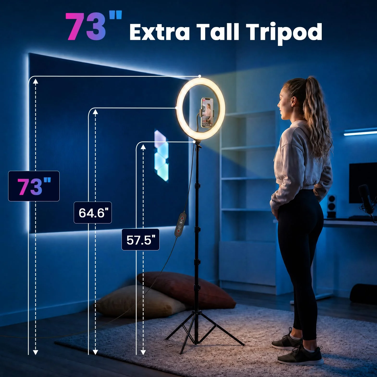 PEYOU Lampa pierścieniowa do selfie 30,5 cm ze statywem i uchwytem na telefon, wysokość 186 cm, lampa pierścieniowa na biurko, 48 kolorów RGB, ulepszona 3 w 1, ściemniana, regulowana prędkość