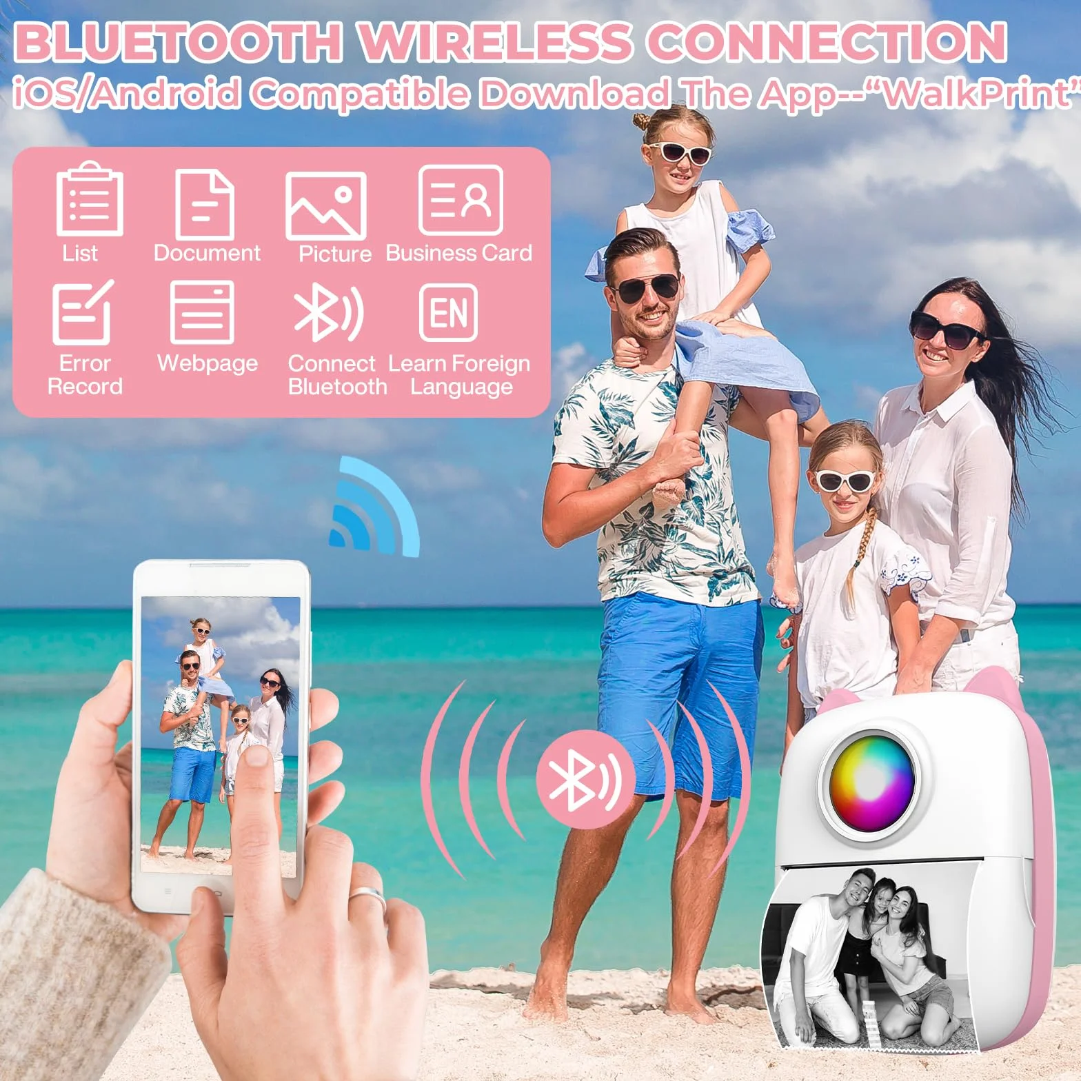 Mini drukarka przenośna drukarka termiczna bezprzewodowa Bluetooth mini drukarka fotograficzna kieszonkowa drukarka do smartfonów kompatybilna z iOS i Androidem do notatek, dziennika (różowa)