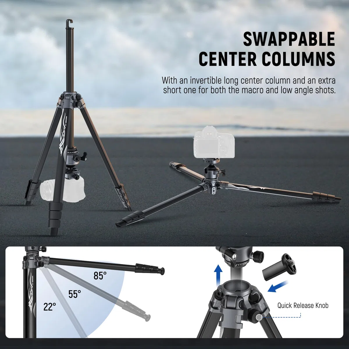 NEEWER LITETRIP LT07 Aluminiowy statyw do aparatu, głowica kulowa Pan Tilt, płyta Arca QR do płyty statywu Peak Design V3, podwójna oś środkowa, uchwyt na telefon, obciążenie do 10 kg, 155 cm