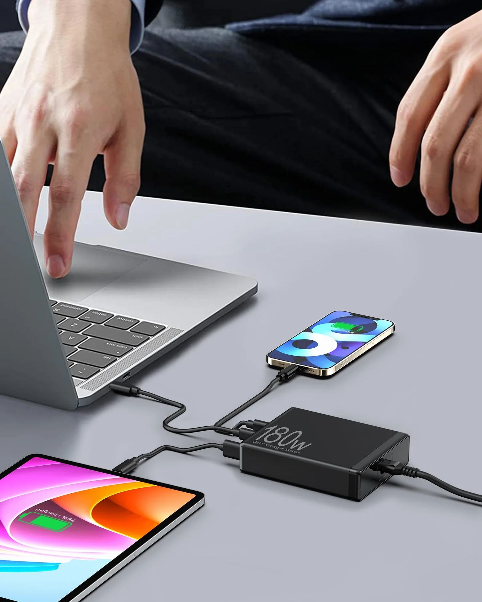 Ładowarka USB, wielokrotna, 180 W, 6 portów, do MacBooka, iPada, iPhone 16/15/14/Pro/Max, Samsung Galaxy S23, stacja ładująca USB, z ekranem LCD, zasilacz USB C, ładowarka GaN USB C szybka