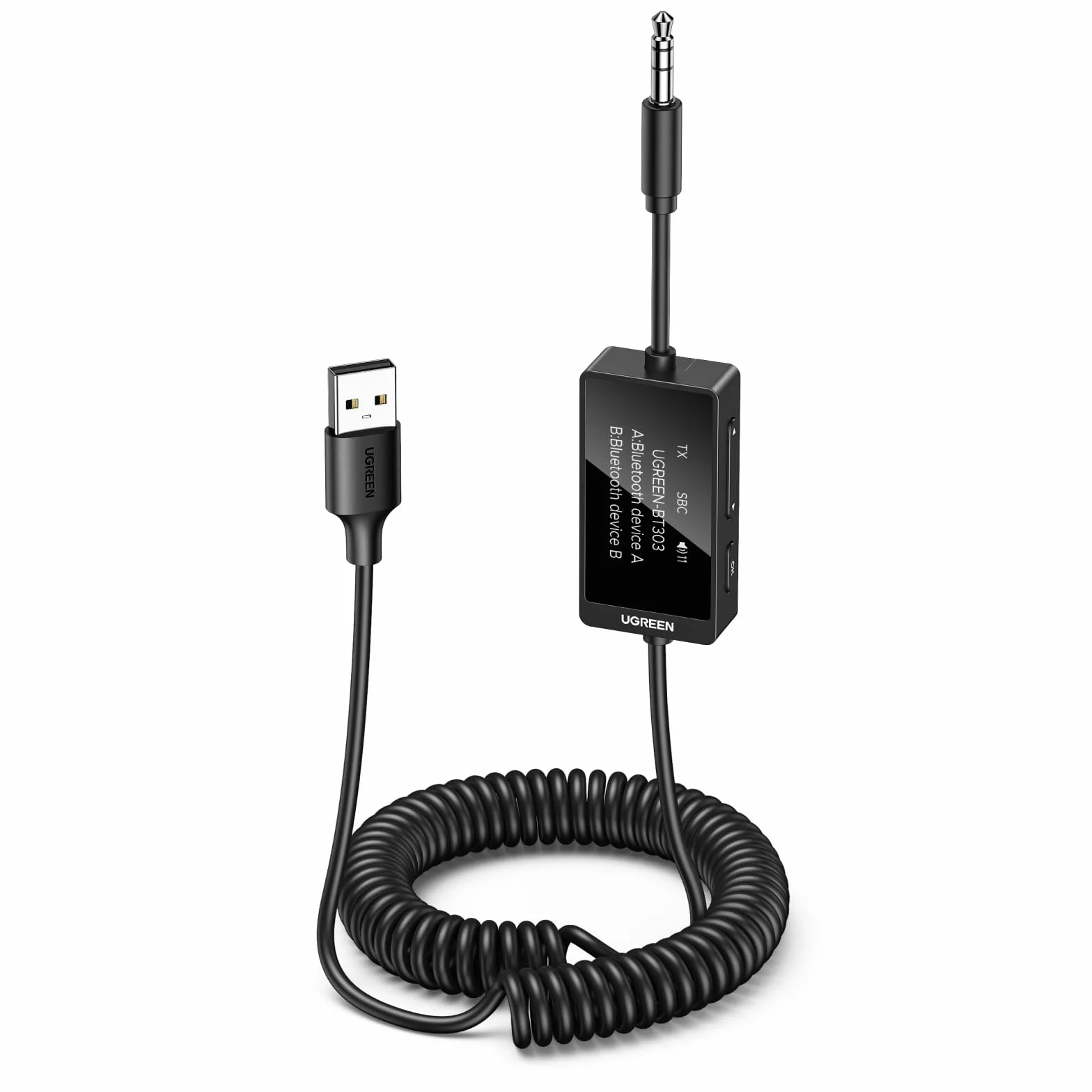 UGREEN Aux Bluetooth Adapter do samochodu 2w1 Jack Bluetooth Adapter z wyświetlaczem LED Odbiornik nadajnika Bluetooth do 2słuchawek, stereo, TV Odbiornik nadajnika Bluetooth do telefonu komórkowego
