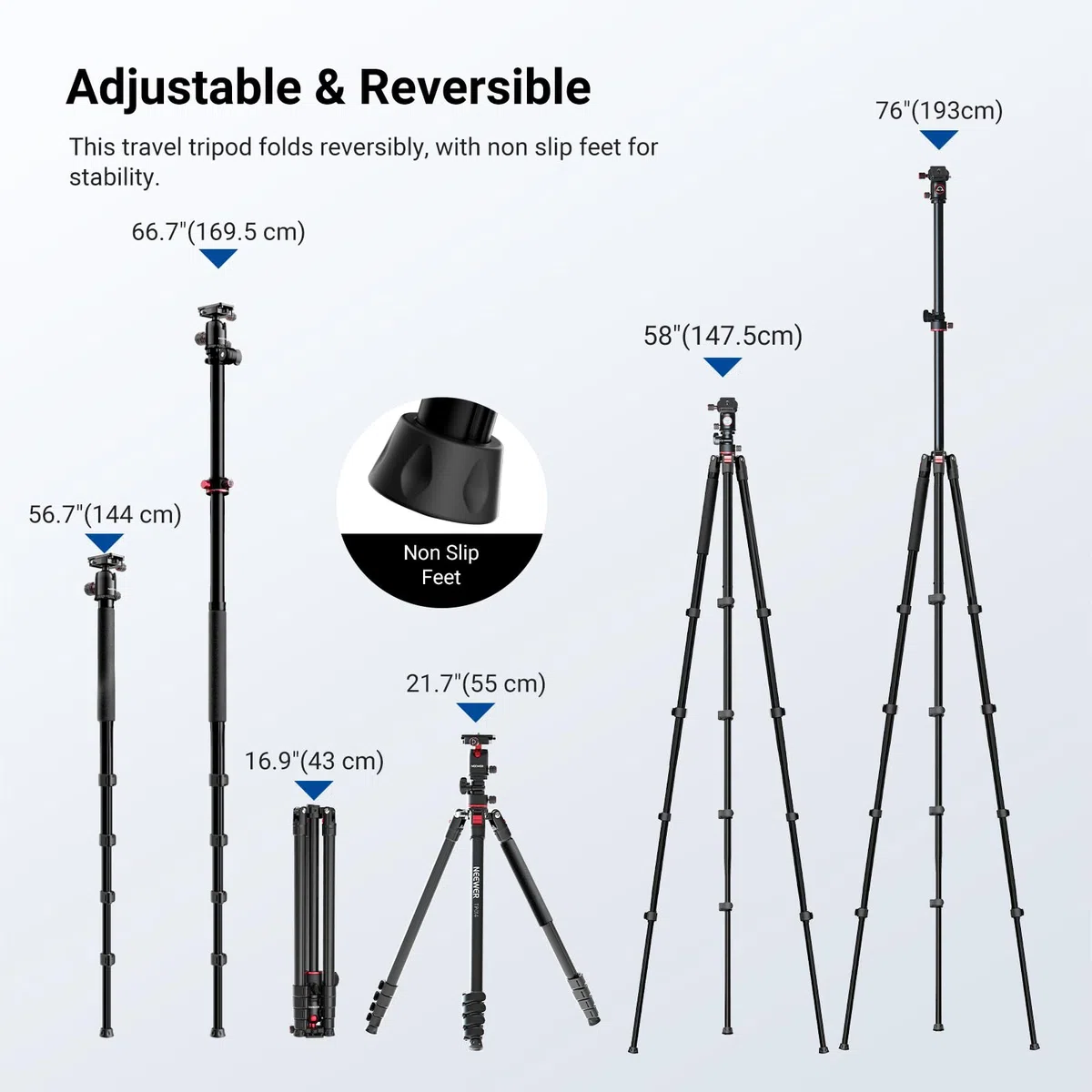 NEEWER BASICS Statyw do kamery górnej, monopod z głowicą kulową i poziomą kolumną środkową, 76-calowy metalowy stojak podróżny DSLR, płyta QR typu Arca i odwrócone nogi, maksymalne obciążenie 8 kg