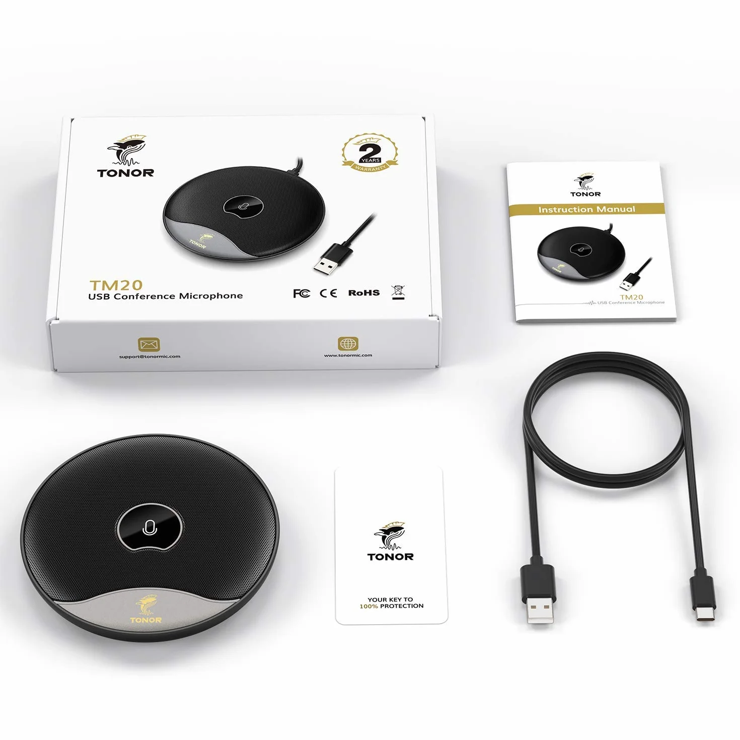 TONOR Mikrofon konferencyjny USB, 360 stopni, wielokierunkowy mikrofon kondensatorowy PC z przyciskiem wyciszania do spotkań online, klas, połączeń zoom, rozmów przez Skype Chat, Plug and Play (TM20)