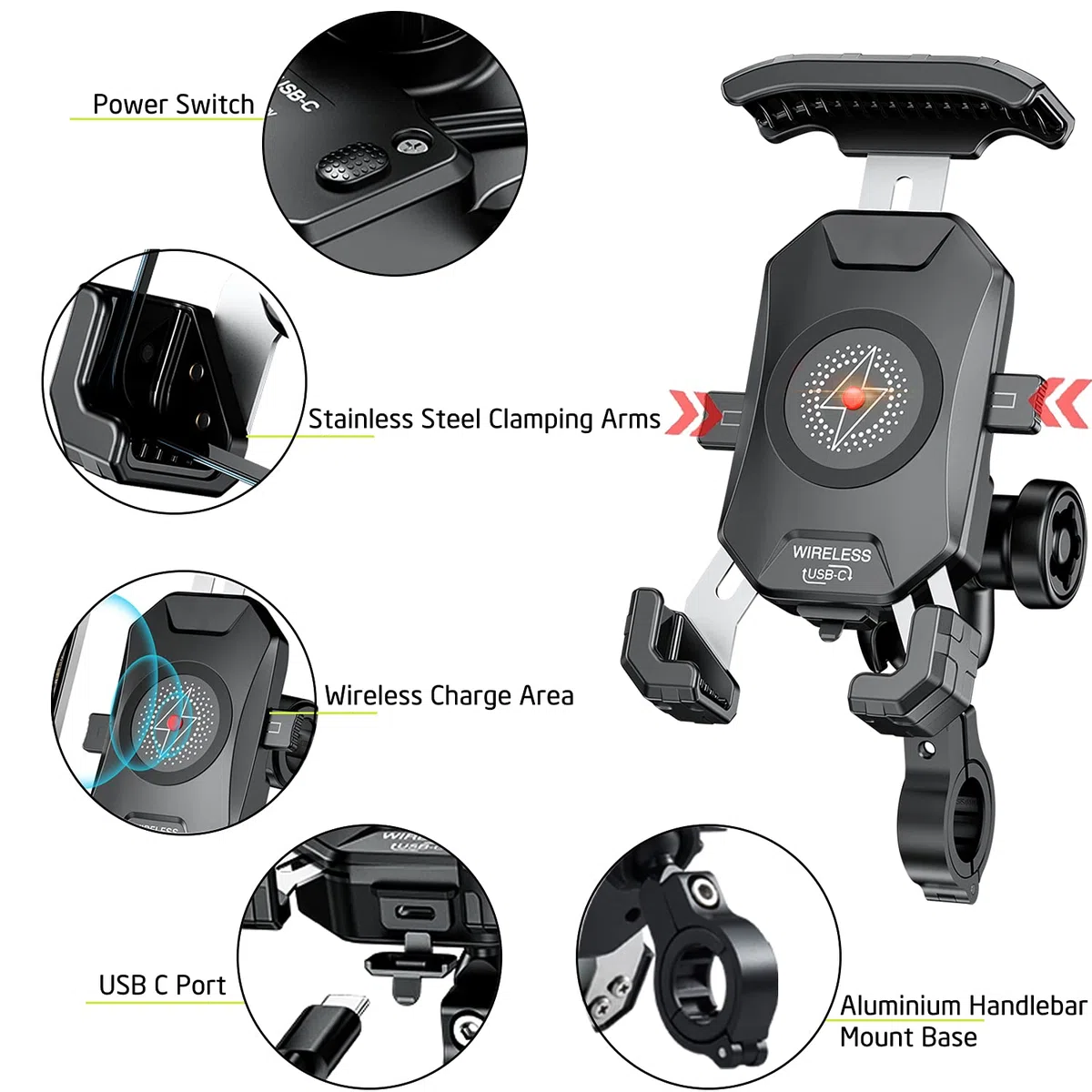 iMESTOU Antykradzieżowy bezprzewodowy uchwyt z ładowarką do telefonu na motocykl 15W i USB C 3A na kierownicę z trzpieniem kulowym 1" - uchwyt na telefon współpracujący z gniazdem pojazdu/USB 12V/24V
