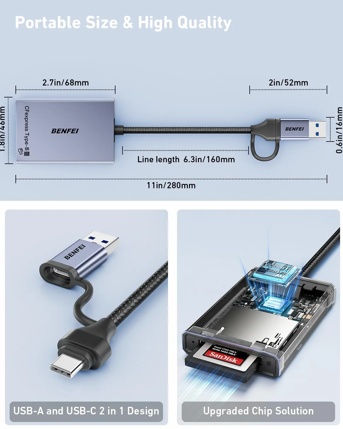 Czytnik kart BENFEI CFexpress typu B z USB 3.2 (Gen 2) 10 Gb/s, adapterem CFexpress 2 w 1 typu B USB-C i USB-A, kompatybilny z systemami Windows/Mac/Linux/Android (nie dla karty XQD)