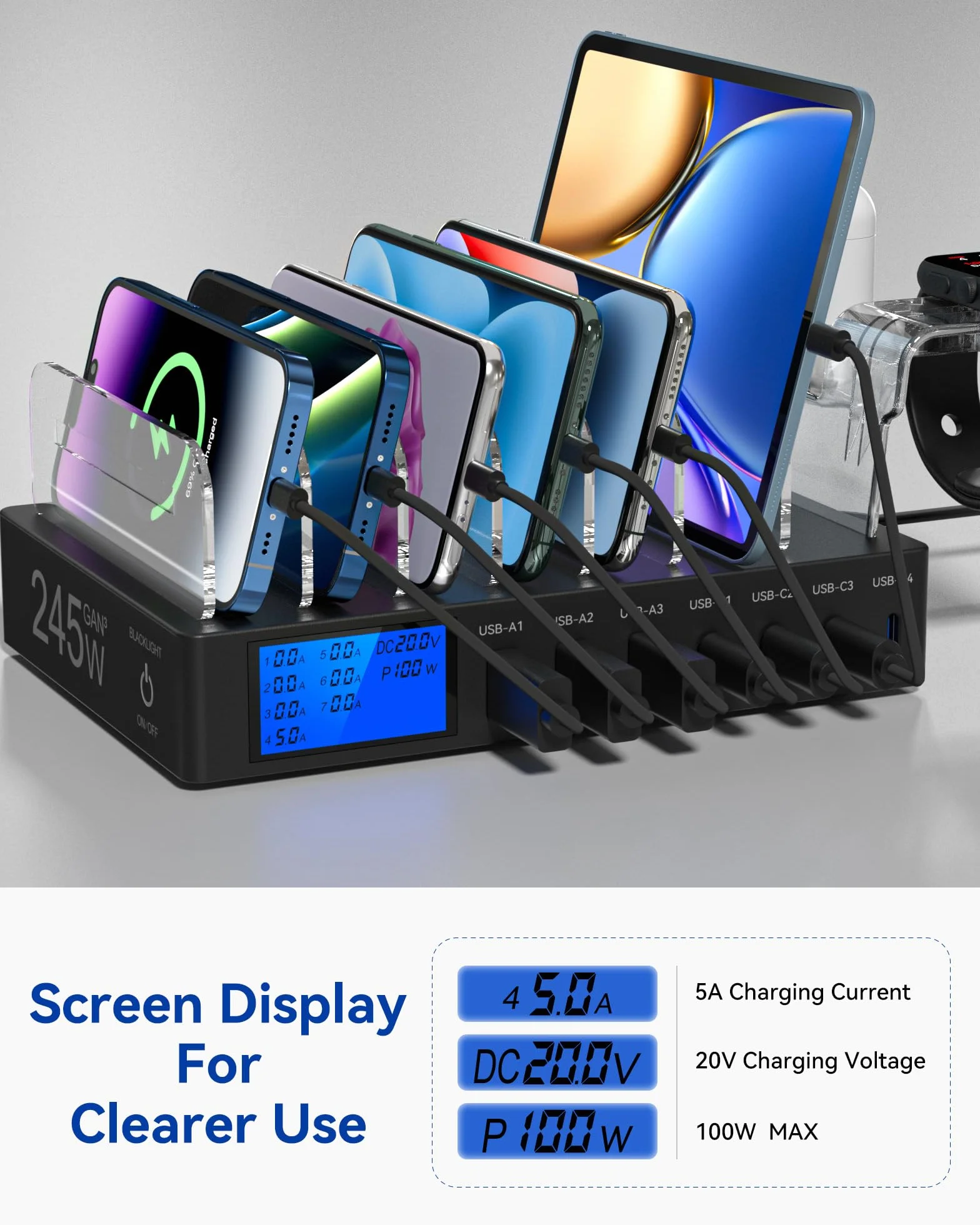 Stacja ładująca 245 W, 7 portów, wiele portów, ekran LCD, szybkie ładowanie USB C PD 100 W do iPhone'a, tabletu i innych urządzeń elektronicznych (bez kabla ładującego)