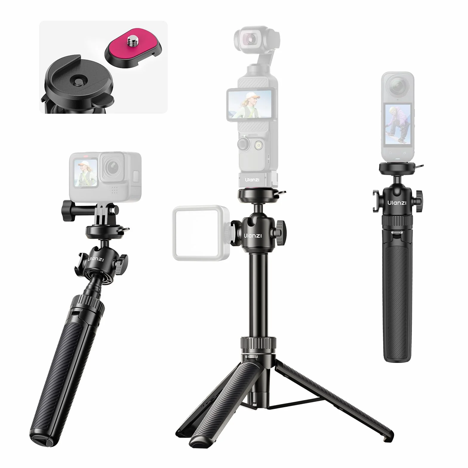 ULANZI MT90 Cka Statyw z szybkim zwalnianiem do kamery DJI Pocket 3 4/Osmo Action 5 4 3, 2-w-1 do selfie, kompatybilny z kamerami Go Pro/Insta 360 X5 Ace/Ace Pro/X4, udźwig 1,5 kg