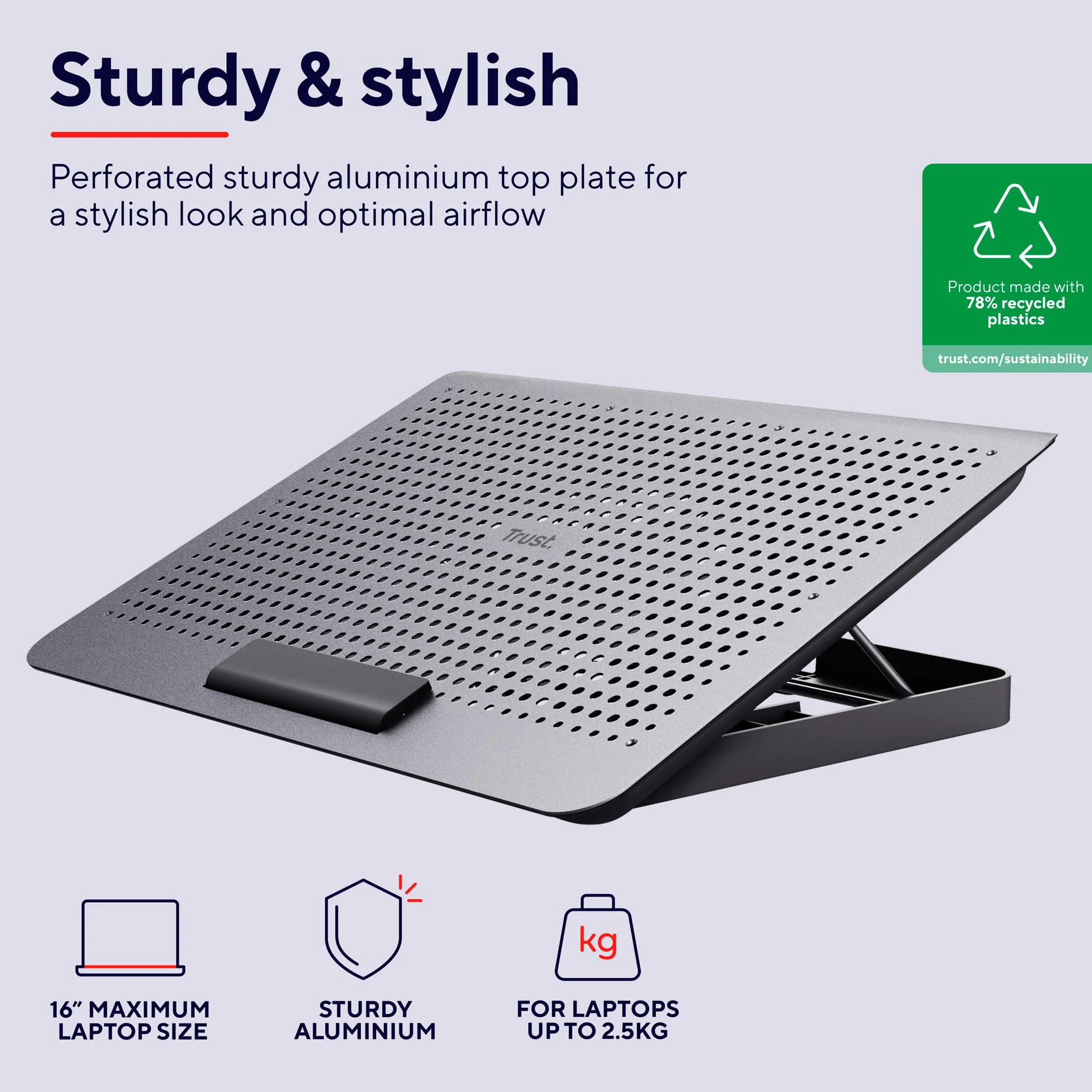 Trust Exto Stojak na laptopa 40.6 cm, zrównoważona podkładka chłodząca, riser z wentylatorem USB i regulowaną wysokością, 8 poziomów, wykonany z materiałów pochodzących z recyklingu, wentylowany