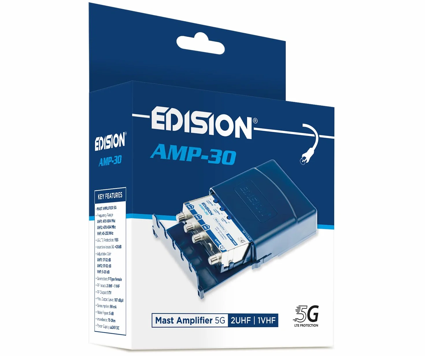 EDISION AMP-30 Wzmacniacz antenowy 2UHF, 1VHF/FM, 17-32 dB regulowany, 107 dBmV, 24 V, do cyfrowej naziemnej DVB-T/T2, z filtrem 5G LTE, częstotliwości UHF 470-694 MHz, VHF/FM 45-232 MHz