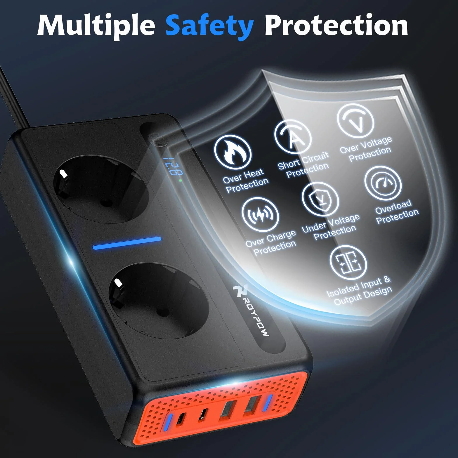 RoyPow Samochodowa przetwornica napięcia 300 W, falownik DC 12 V na AC 230 V z 2 gniazdami i 4 portami USB, szybkie ładowanie, ładowarka samochodowa z wtyczką do zapalniczki samochodowej