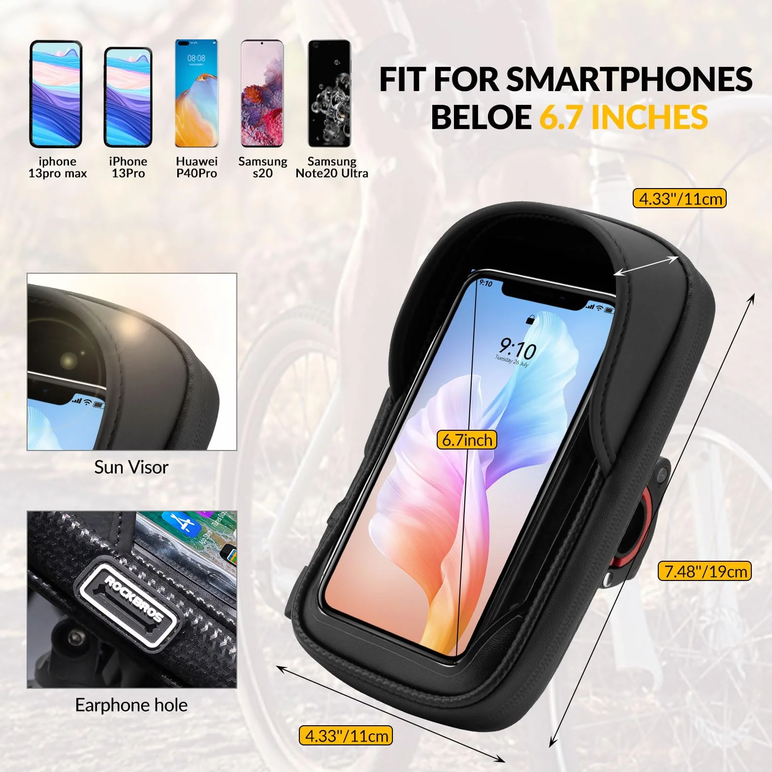 ROCKBROS Uchwyt na telefon komórkowy, torba rowerowa, wodoszczelna torba na kierownicę, obracana o 360°, do smartfonów o przekątnej ekranu 6,7", uchwyt na telefon komórkowy