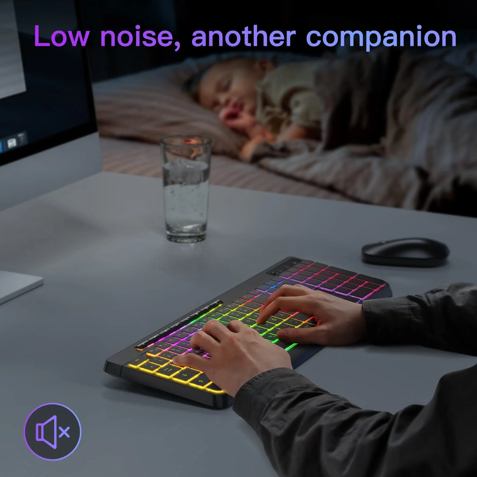 TECURS Klawiatura bezprzewodowa do gier – cicha klawiatura QWERTZ, podświetlana, ergonomiczna, wodoszczelna, 2,4 GHz LED Keyboard do Windows/Mac/PS4/Xbox z przyciskami multimedialnymi, czarna