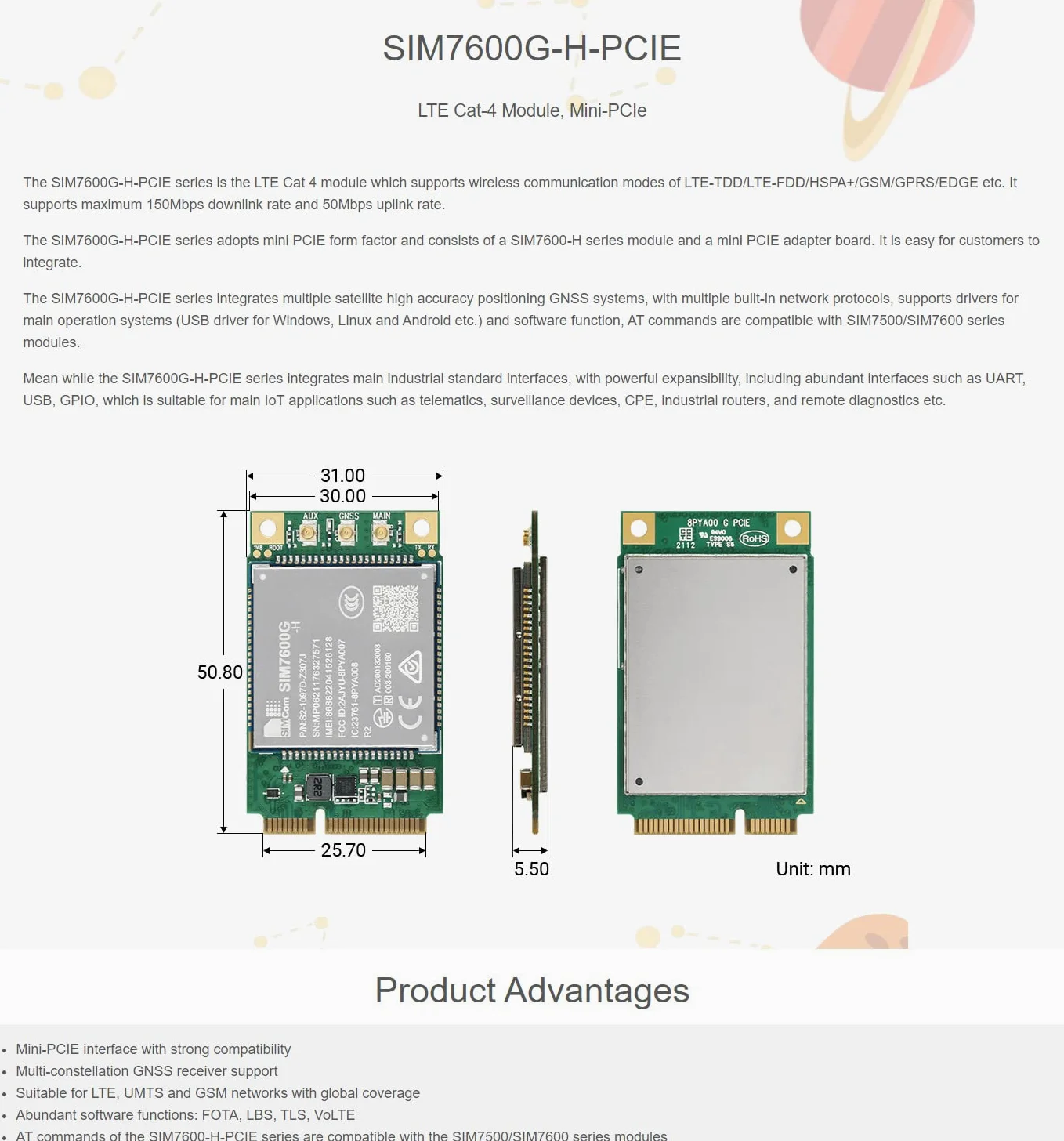 Waveshare SIM7600G-H-PCIE SIMCom Original Moduł Cat-4 Module Support Global Coverage GNSS/LTE-TDD/LTE-FDD/HSPA+/gsm/GPRS/Edge with Mini-PCIe Connector