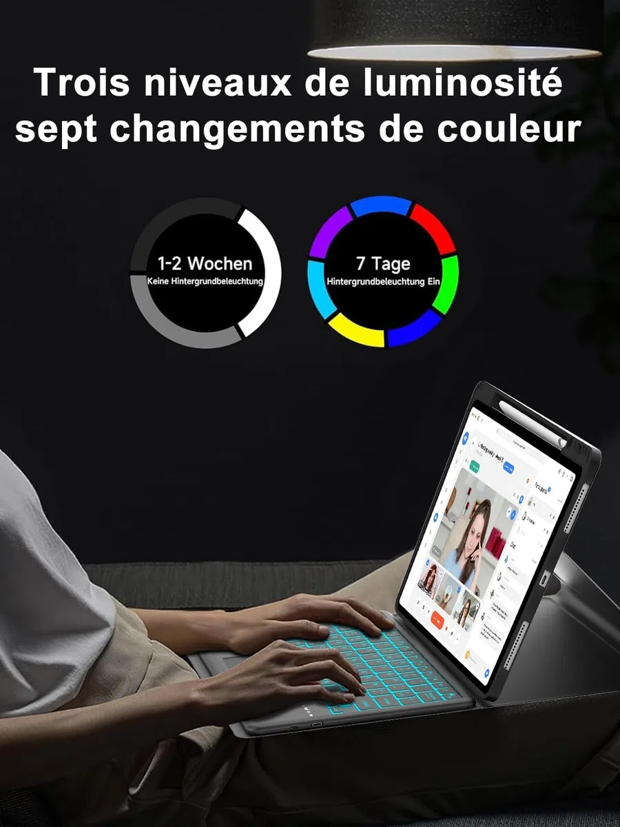 Etui na klawiaturę do iPada Air 13 2026/2025/2024 M4/M3/M2 z panelem dotykowym, francuska wymienna klawiatura bezprzewodowa Bluetooth do Apple 13-calowy iPad Air (niebieska obudowa + podświetlenie