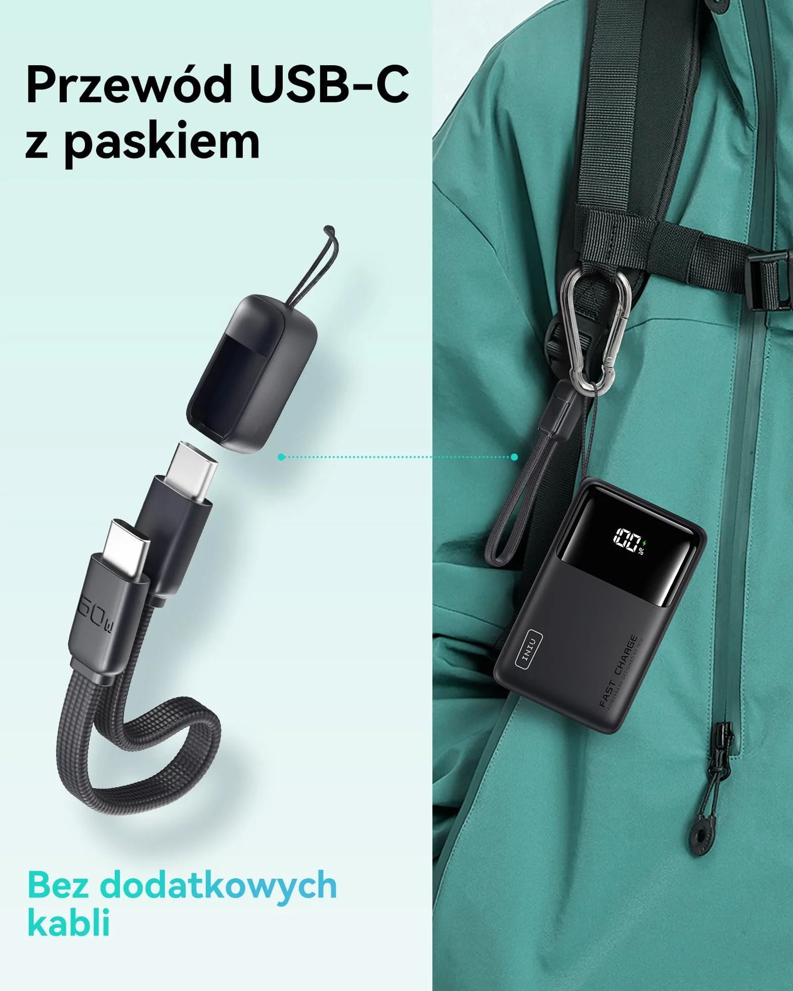INIU 45W Power Bank, Supercienki 10000mAh Przenośna Ładowarka z Kablem USB-C, Szybkie Ładowanie USB C PD3.0 QC4.0 do iPhone 17 16 15 14 13 Pro Max iPad Air Samsung Galaxy S24 S23 Note 20 etc