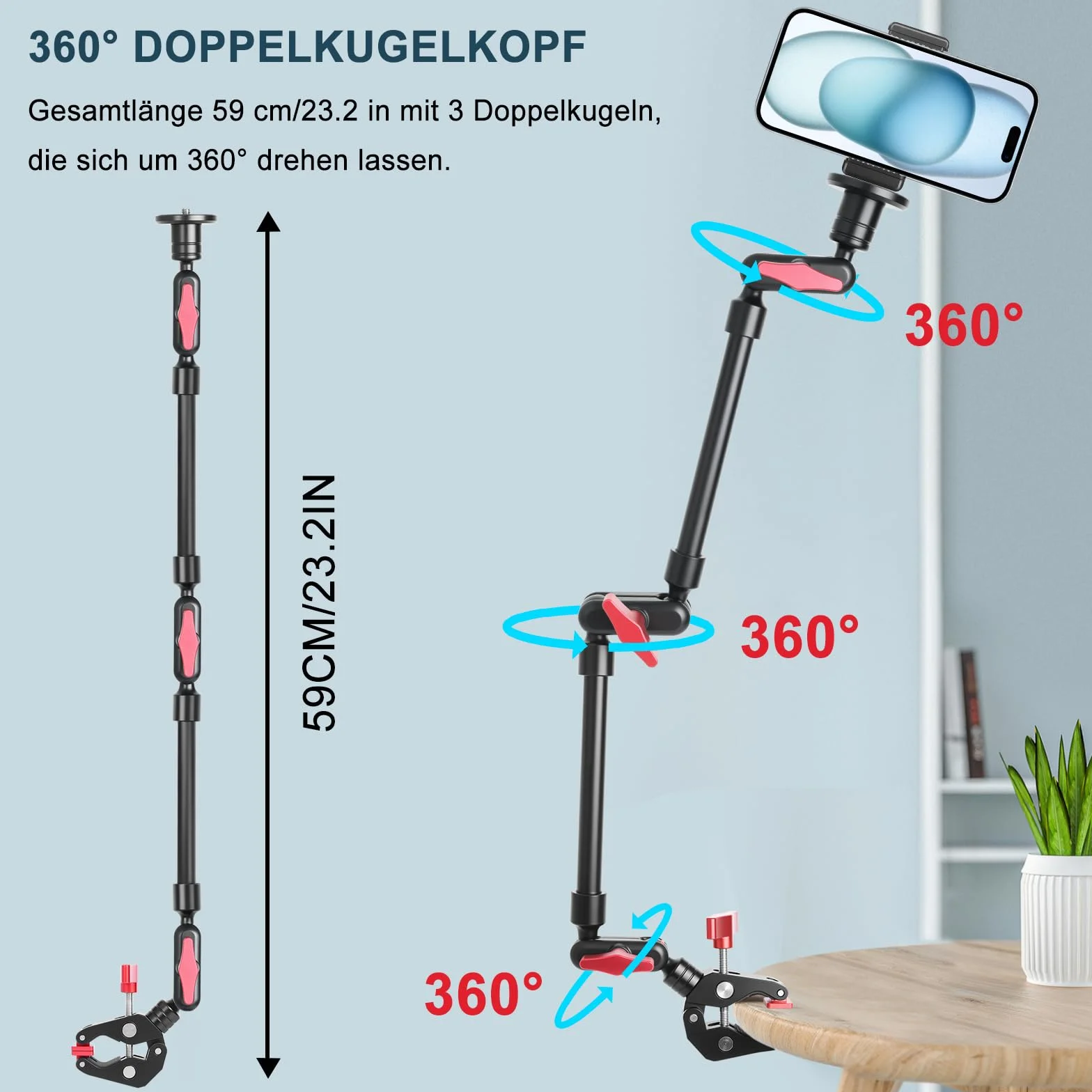 Magic Arm mit Super Clamp 23''/59 cm, elastyczny 360° uchwyt z zaciskiem 1/4" 3/8", głowica kulowa do kamery
