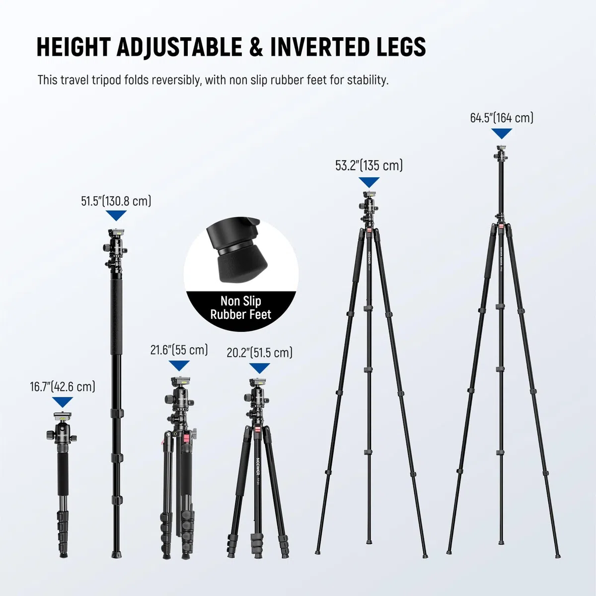 NEEWER BASICS 163.8 cm poziomy statyw monopod do podwójnego aparatu aluminiowy podróżny DSLR stojak na kamerę z uchwytem na telefon komórkowy kompatybilny z iPhone'em do nagrywania wideo, obciążenie