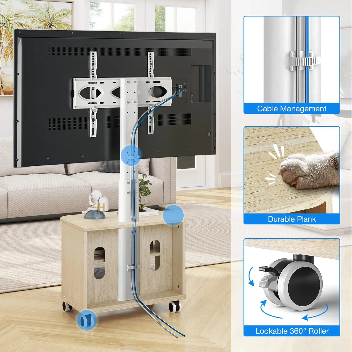 5Rcom Biały stojak na telewizor na kółkach do telewizorów 81.3-165.1 cm LED LCD OLED, płaskie, zakrzywione, szafka pod telewizor z regulacją wysokości z uchwytem do 40 kg, mobilny stojak na telewizor