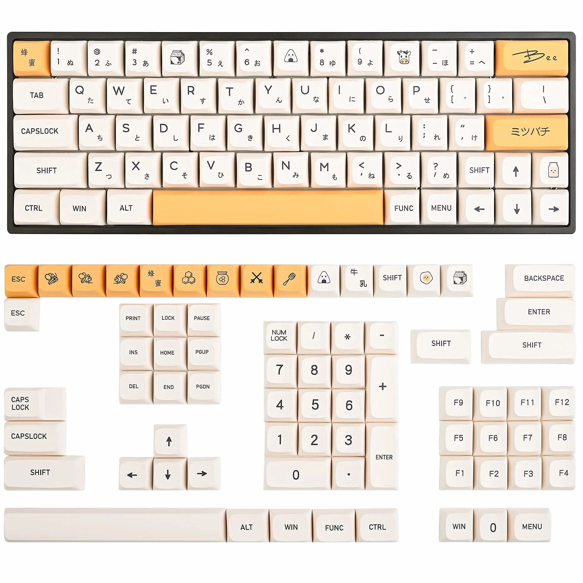 GTSP XDA Honey Milk Keycaps PBT Japanese Bee keycap 140-Key Set for Cherry MX Covers Fullsize 60% 65% 75% Keyboard（XDA/Honey Milk）