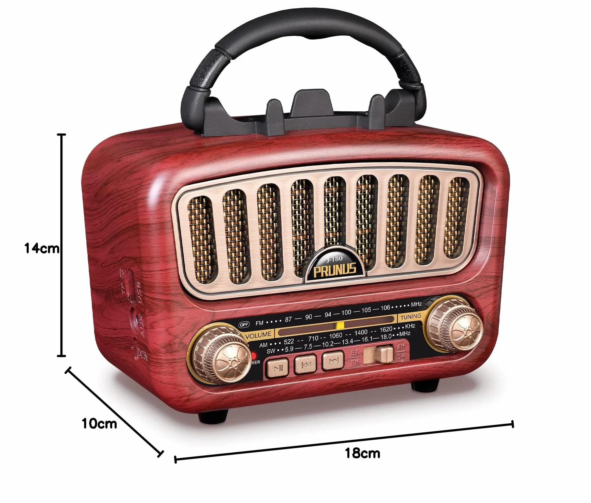 PRUNUS J-180 AM/FM/SW retro radio z Bluetooth 5.0, nostalgiczne radio małe z akumulatorem 1800 mAh, obsługuje funkcję USB/TF/AUX, z dużym głośnikiem 5 W, radio walizkowe, radio kuchenne do biura i