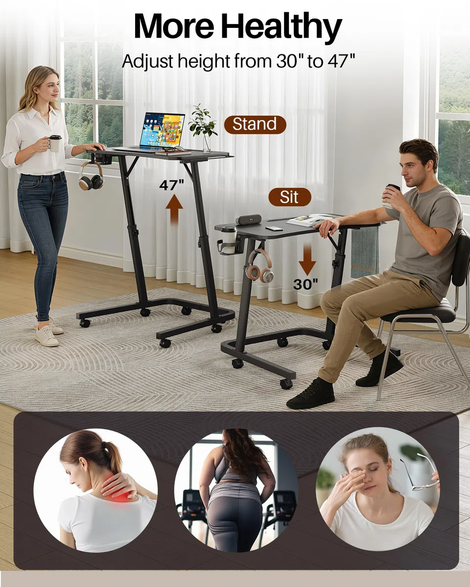 Stół do treningu rowerowego z regulacją wysokości i kółkami, stolik nocny i stolik pod laptopa, stolik pomocniczy z regulacją wysokości, do jazdy wewnątrz i bieżni z uchwytem na napoje i hakami