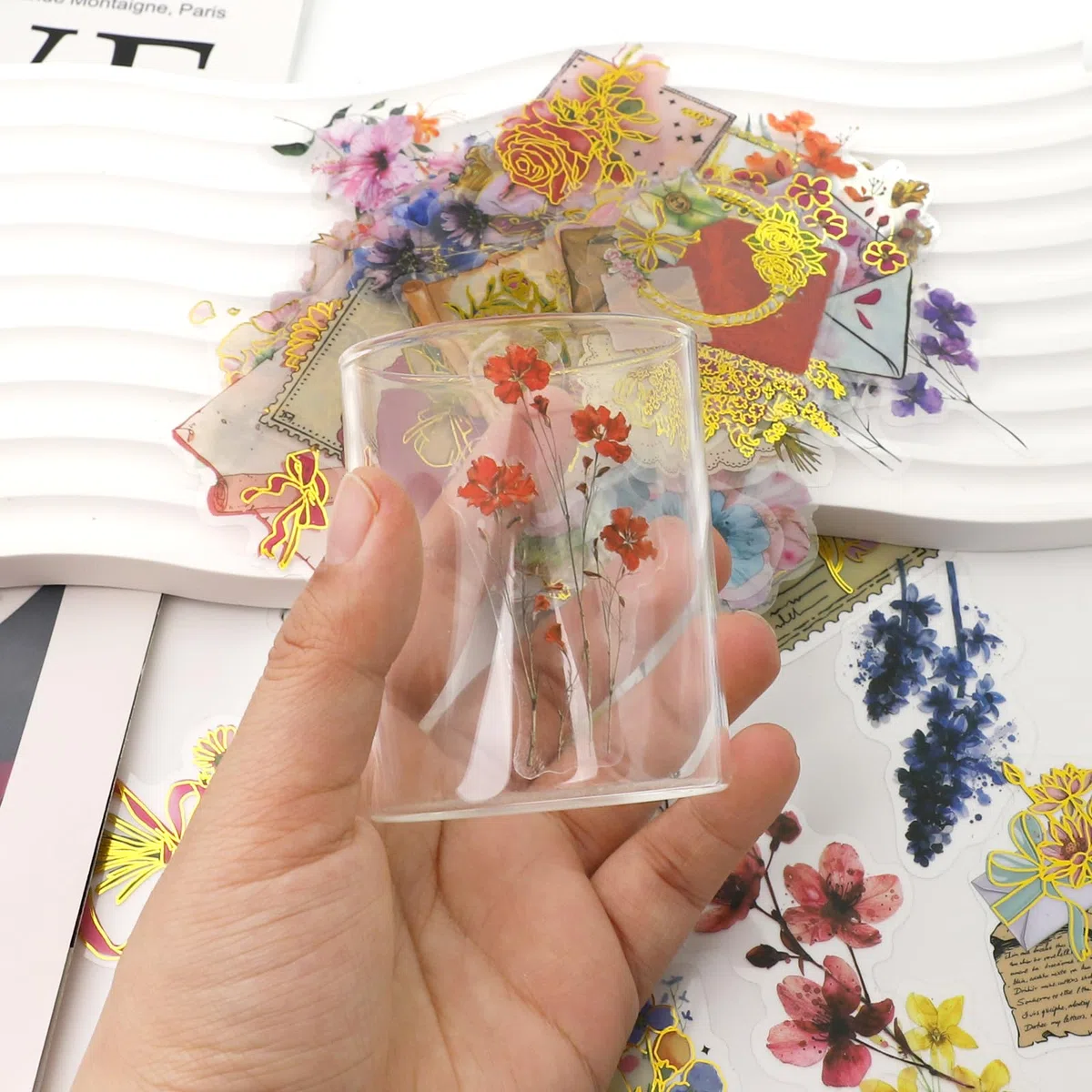 100 przezroczystych naklejek do scrapbookingu, naklejki kwiatowe, PET i rośliny, samoprzylepne, wodoodporne, do scrapbookingu, albumu fotograficznego, dziennika, etui na telefon komórkowy