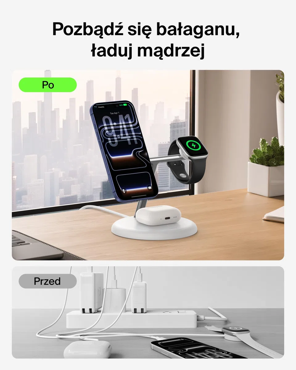 Belkin UltraCharge Bezprzewodowa Stacja Ładująca 3 w 1 z Qi2, 25 W – Biała | Zgodna z MagSafe Ładowarka do Urządzeń iPhone, Apple Watch i Słuchawek, Certyfikat Qi2.2, z Kablem USB-C i Zasilaczem 45 W