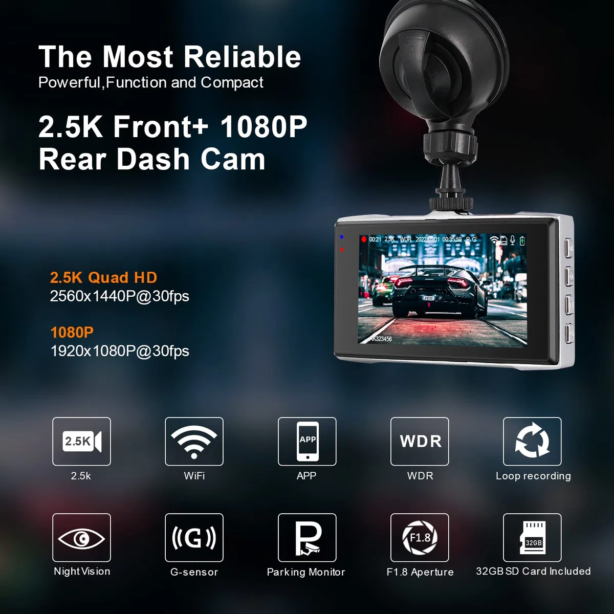 Kamera samochodowa 2.5K przednia i tylna 1440P+1080P FHD WiFi dual dashcam do samochodów z obsługą aplikacji z kartą SD 32GB, metalowa obudowa, super noktowizor, WDR, czujnik G, nagrywanie w pętli