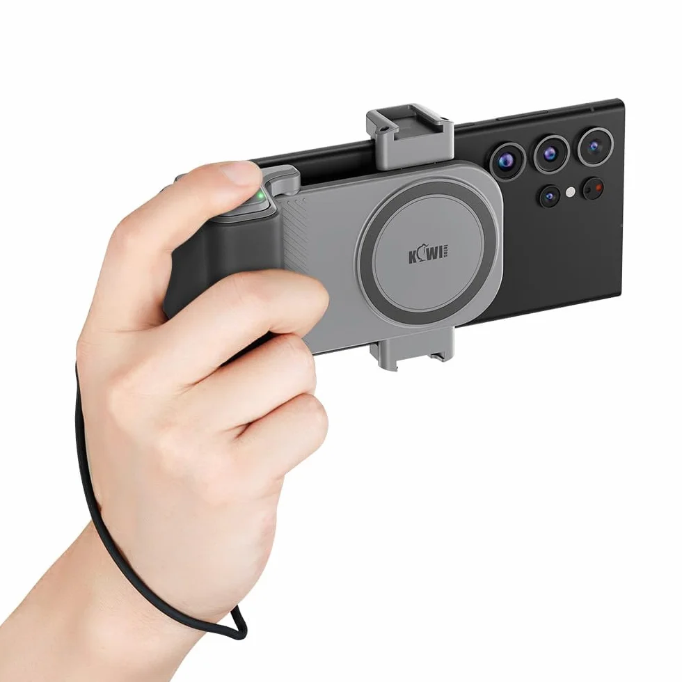 KIWIFOTOS Ulepszona kamera do smartfona, duży uchwyt, pasuje do dużej dłoni, odłączany pilot Bluetooth, nagrywanie wideo vloggera, zatrzaskowy uchwyt do telefonów iPhone Andriod, szerokość 59-85 mm