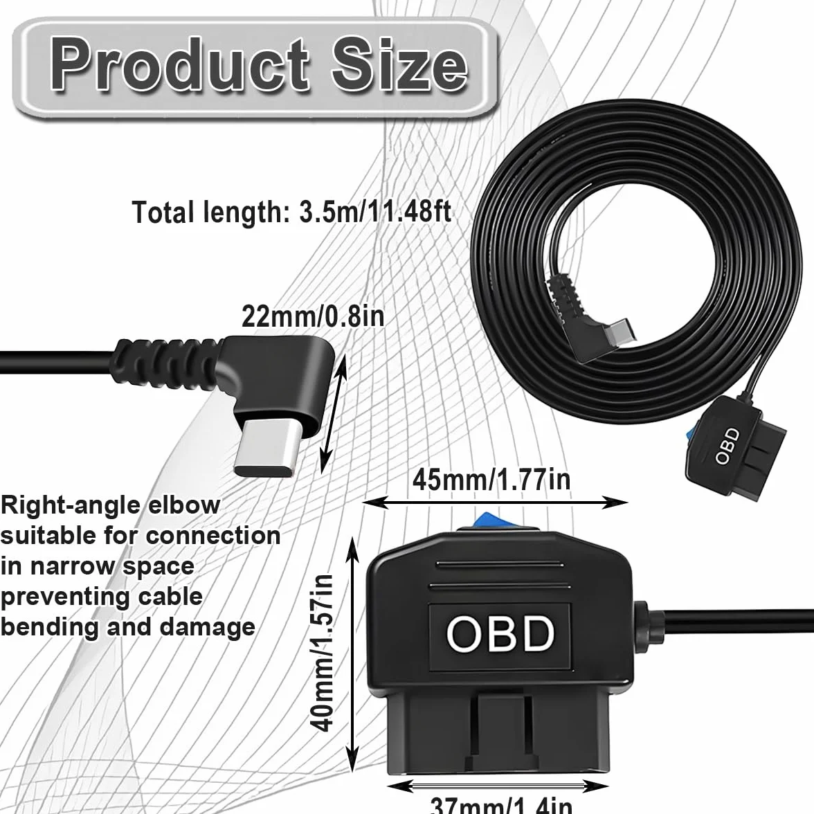 Kabel zasilający Type-C OBD Adapter do Dashcam GPS Radar OBD2 90 stopni 12-24 V do 5V/3 A sztywne złącze