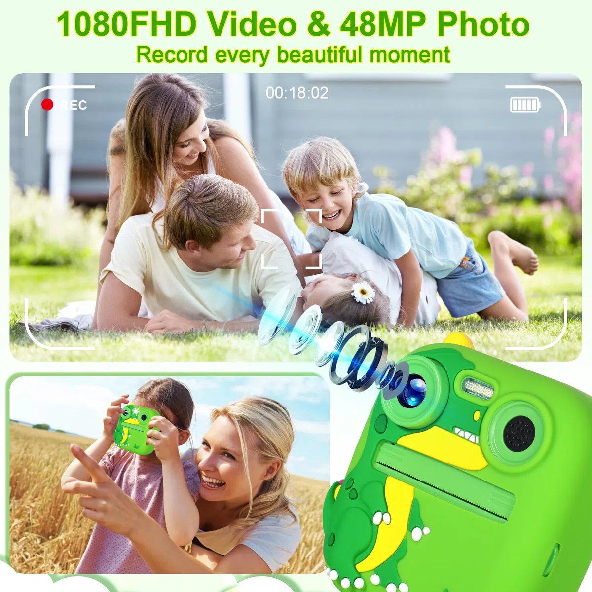 OKYUK Aparat Natychmiastowy dla Dzieci, 32GB, 2,4-calowy Ekran LCD, Podwójny Obiektyw HD 1080P i 12 MP, 5* Papier do Druku w Rolkach, Prezent Urodzinowy i Świąteczny dla Chłopców i Dziewcząt