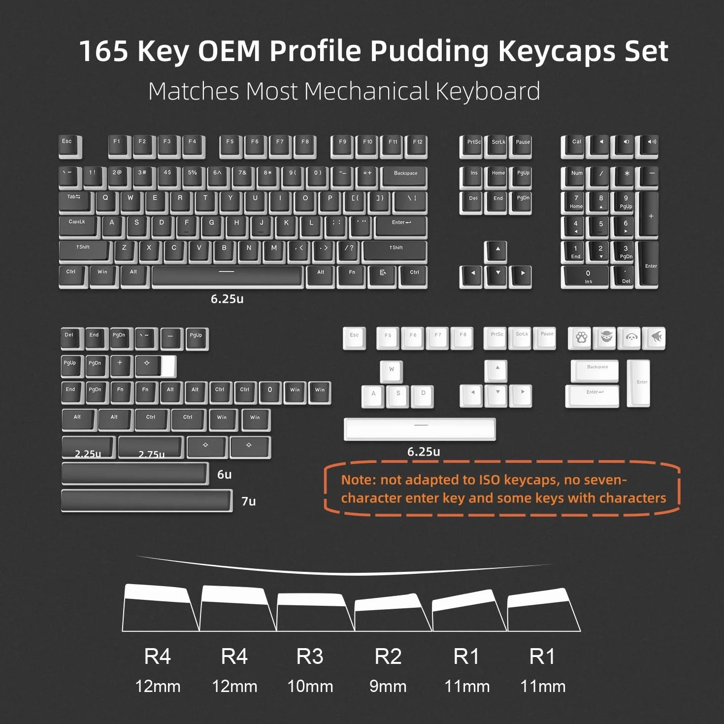 Klawisze PBT Keycaps 165 niestandardowy zestaw nasadek klawiszy profil OEM przezroczyste czarny